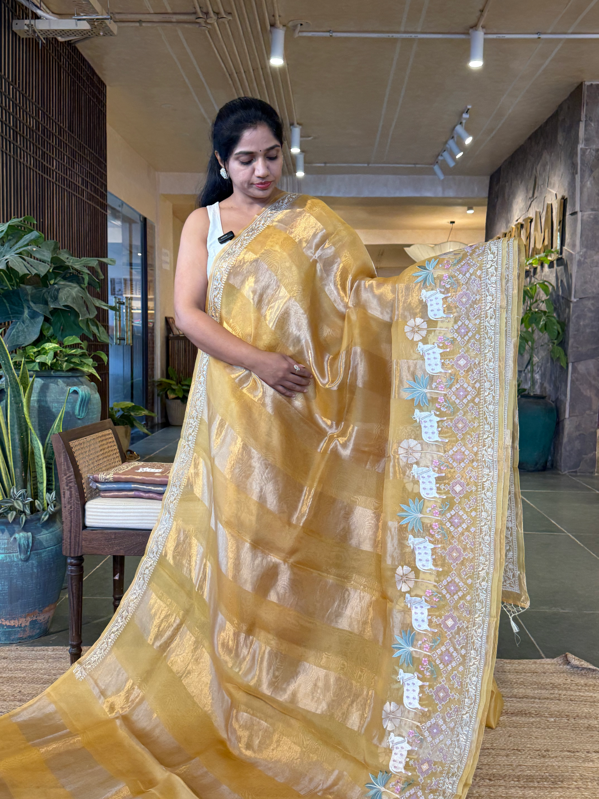 Mustard Kora Tissue Stripes with Pichwai & Jamdani Inspired Embroidery