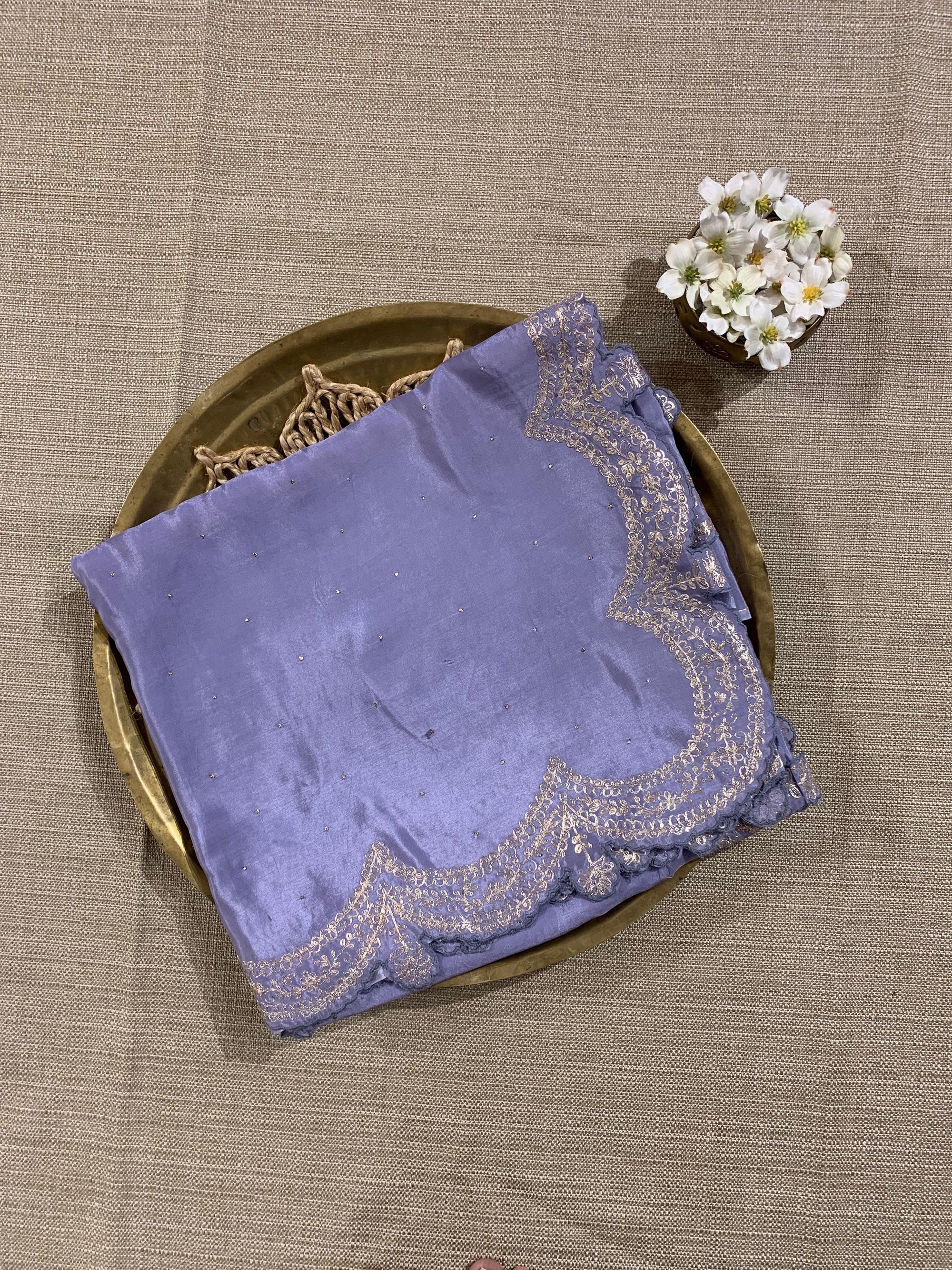 Bluish Lilac Crepe Silk Saree With Pita Work Scallop Border