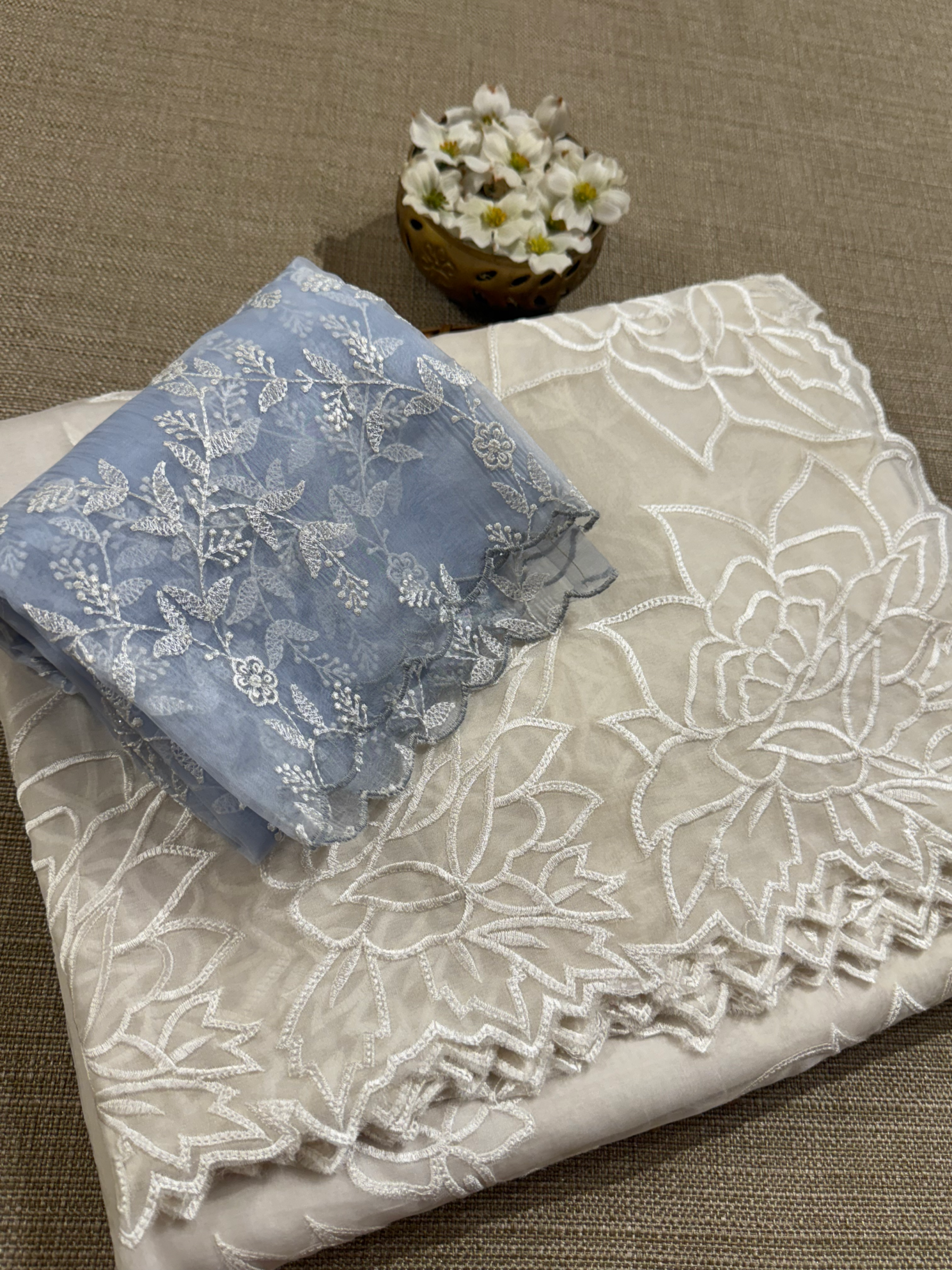 OROSEV1903 : White Organza Saree with Embroidered Rose Border