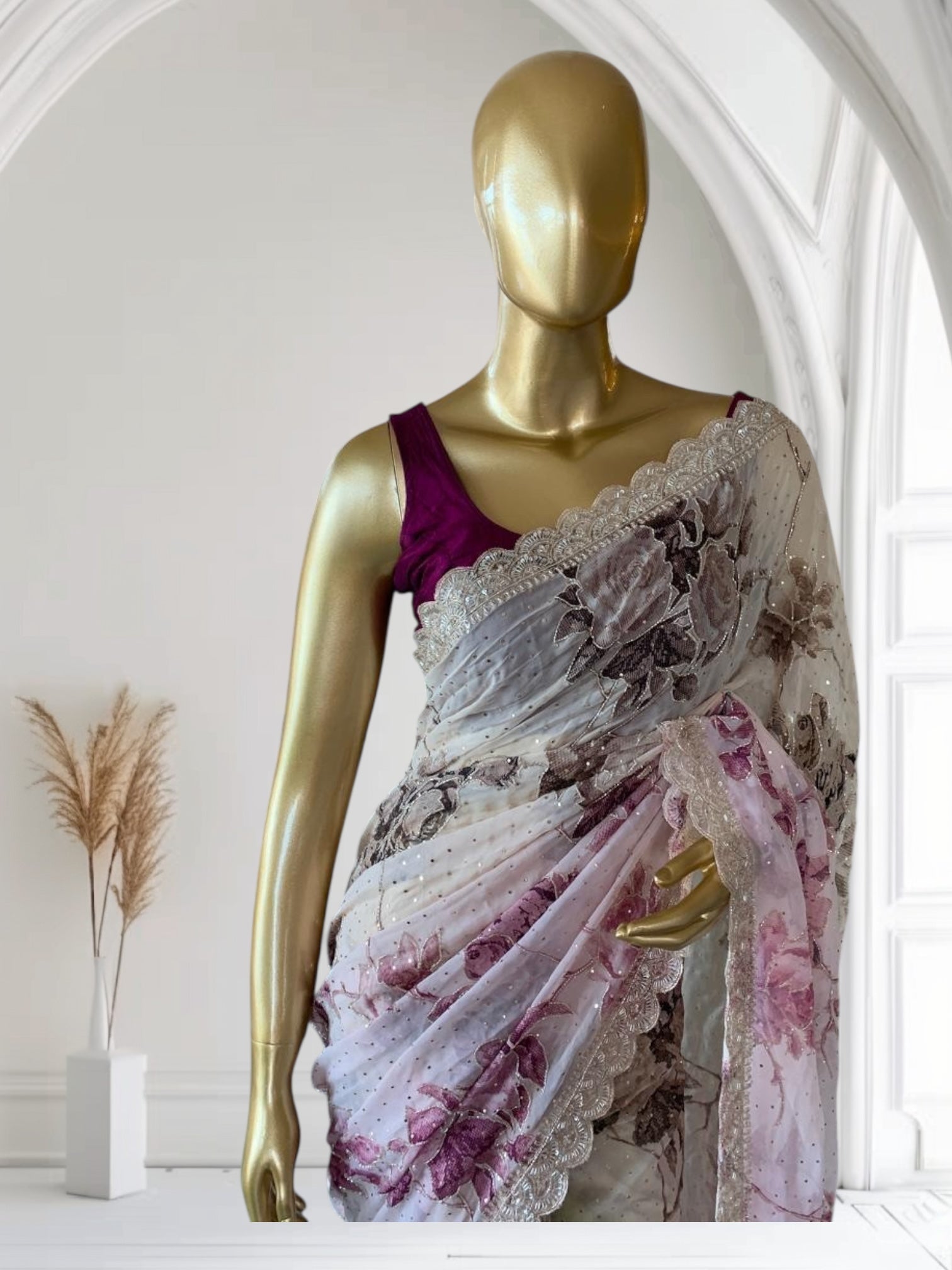 Shaded Gorgette printed Saree  with handwork borders and allover handwork