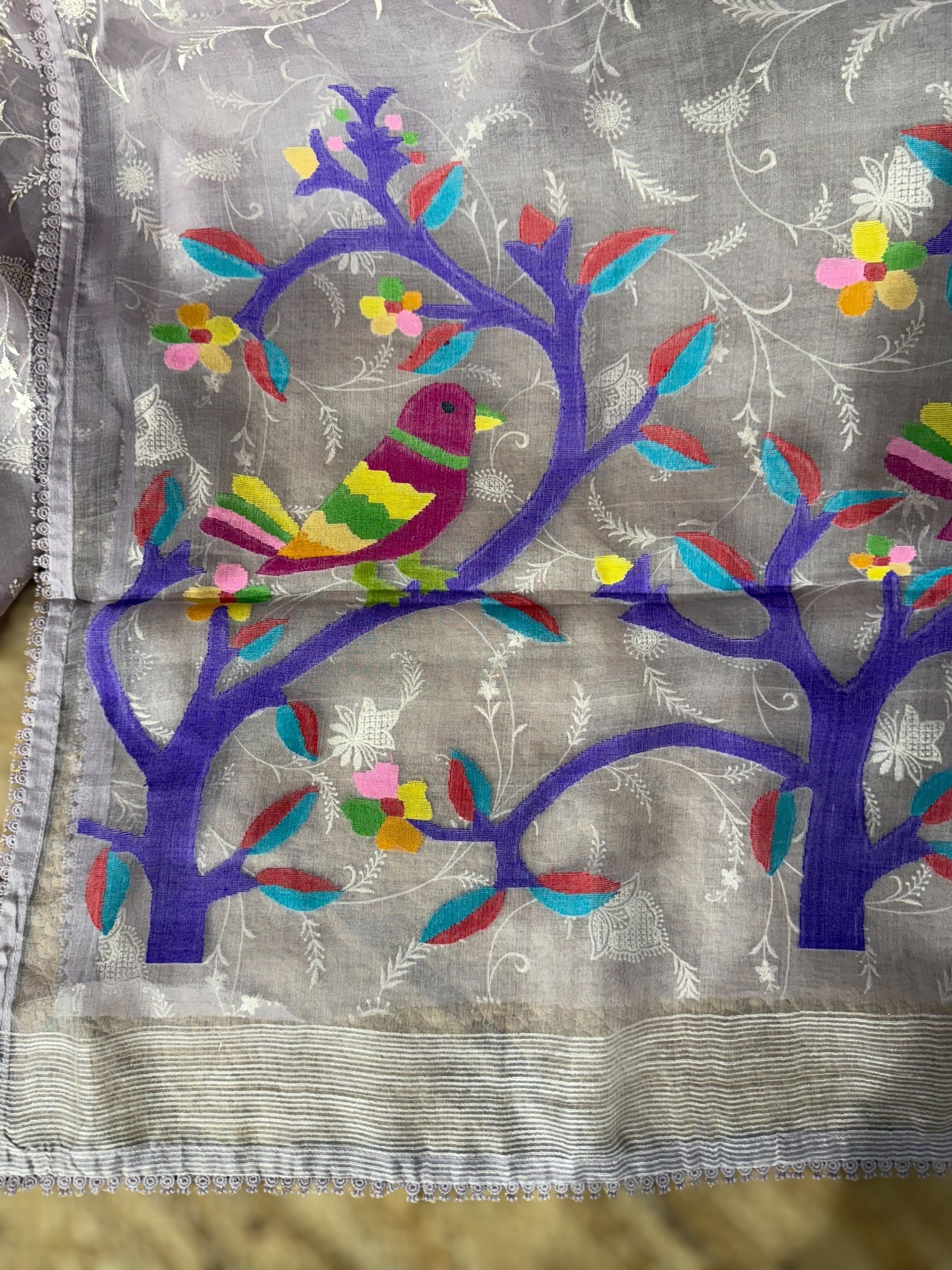 Lilac Pure Handloom Muslin Saree with Allover chikankari & Jamdnai Pallu
