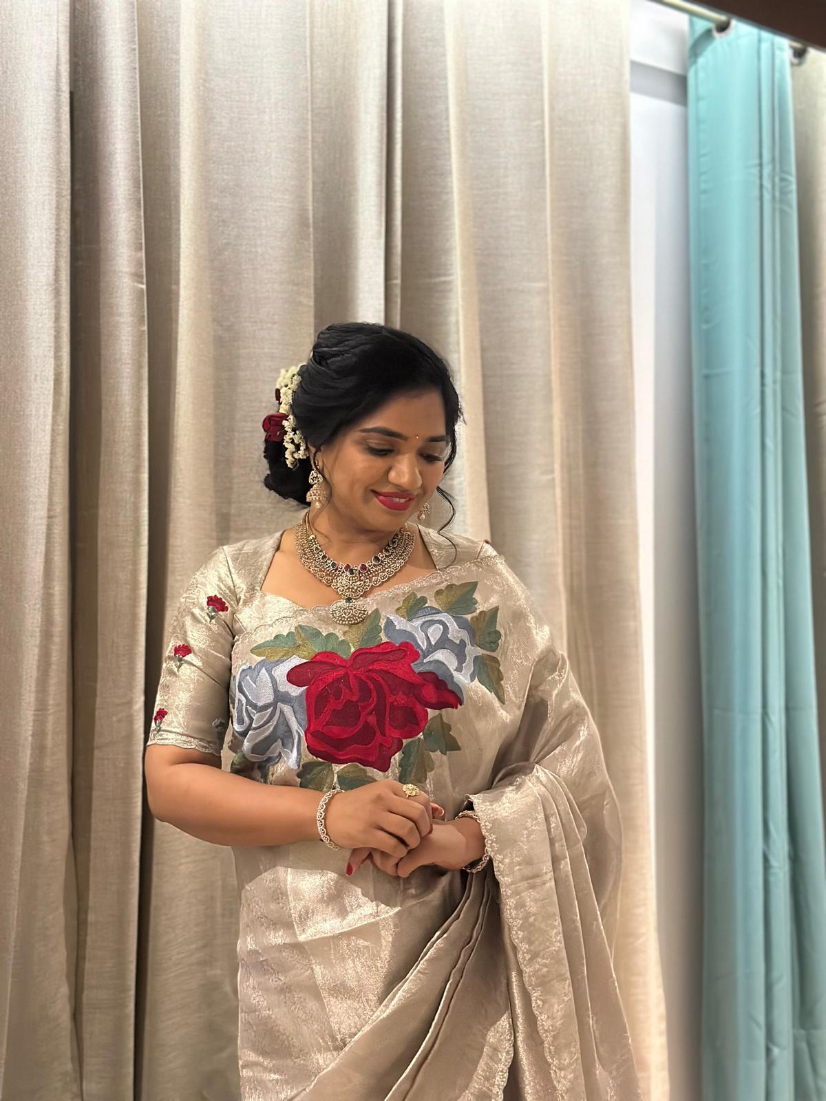 Silver Kanchi Brocade Tissue Saree with Statement Floral Embroidered Roses