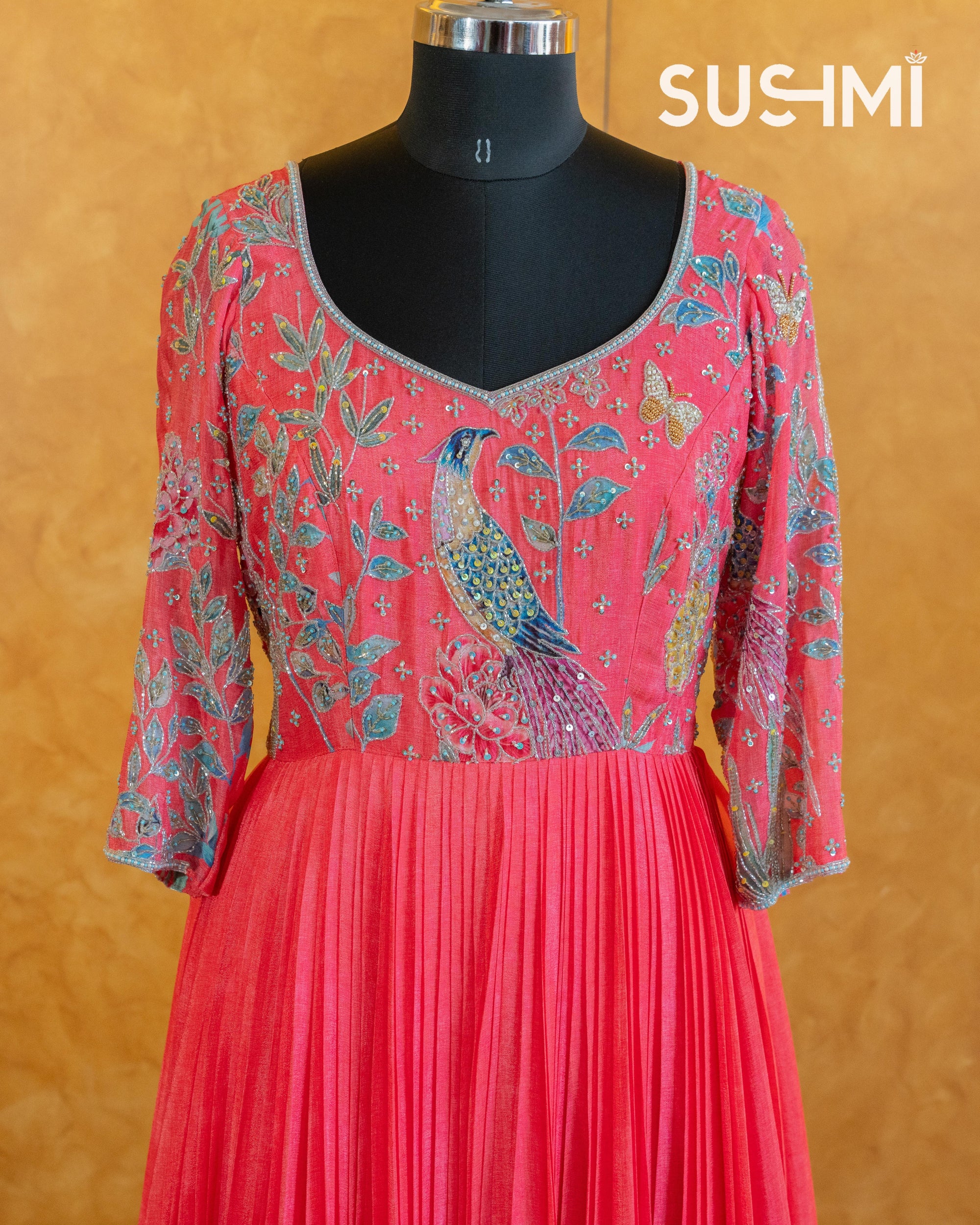 Tomato Red color Pure Chinnon printed long frock with heavy handwork yoke