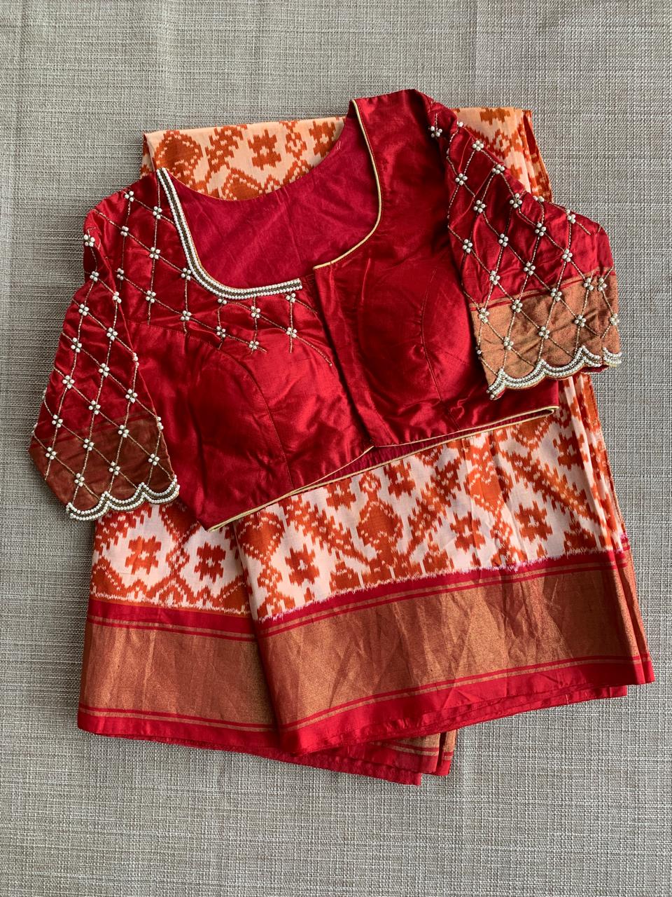 Pure Handloom Twill Ikkath Patola Saree With Khaddi Border & Handwork Blouse