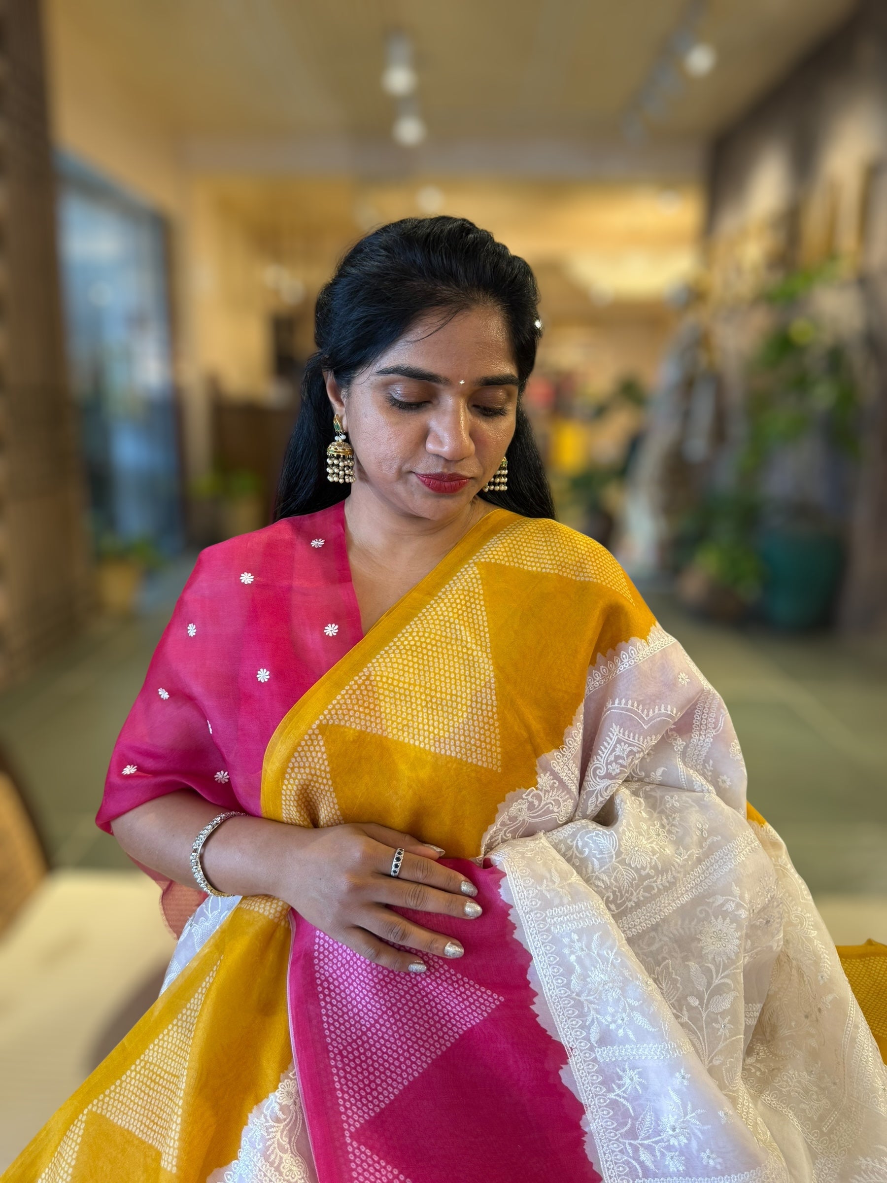 Organza Chikankari Embroidery Saree With Ganga Jamuna Bandhini Temple Borders