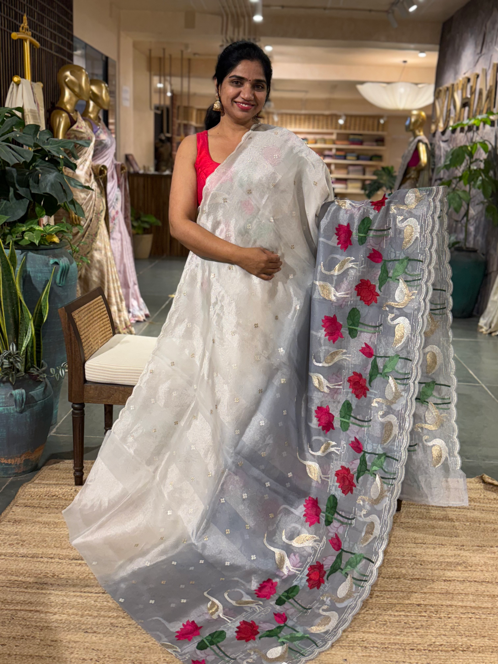 Ombre Dyed Handloom Kora Tissue Stripes Pichwai Pond themed Embroidered  Saree