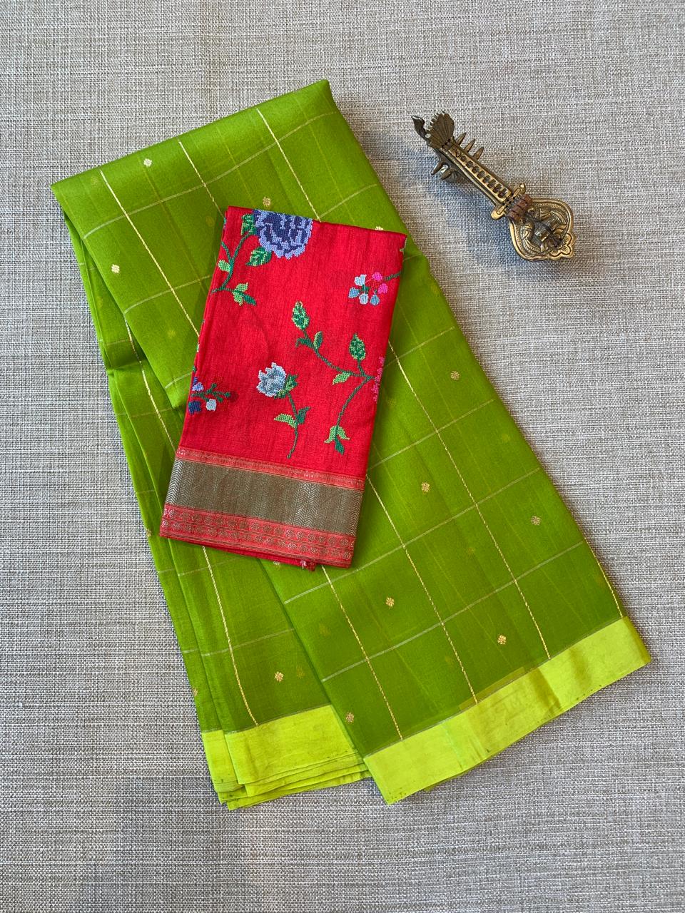 Parrot Green Handloom Banarasi Kora Checks Saree with Kaduwa Woven Zari Motifs .