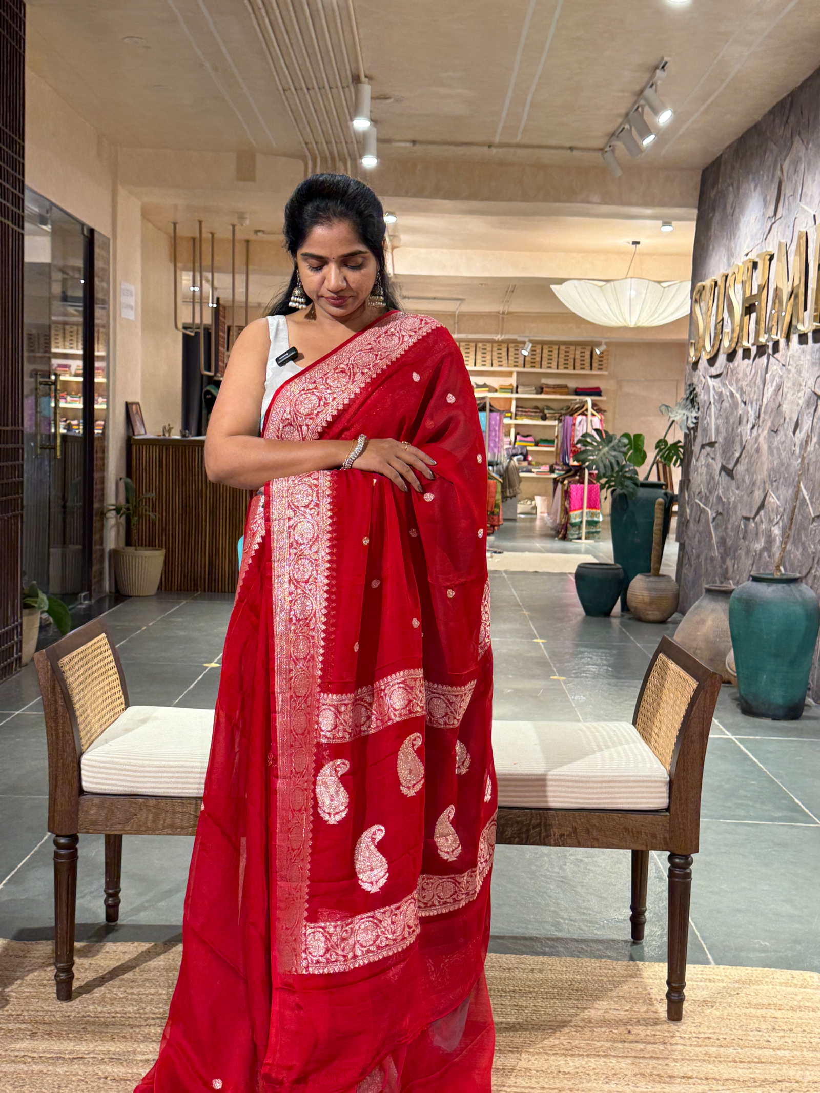 Chilli Red Banarasi Handloom Khaddi Chiffon Saree with silver