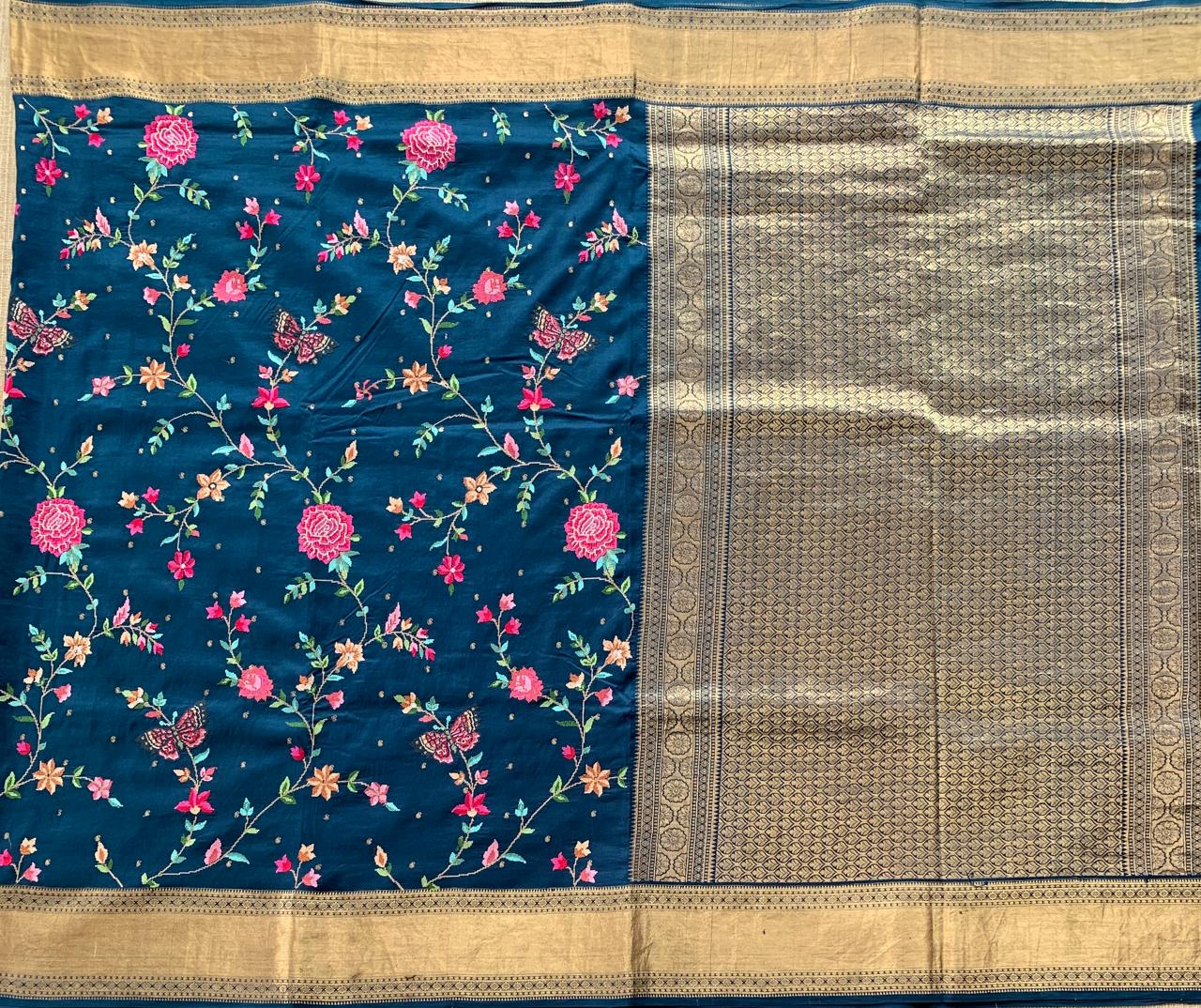 Midnight Blue Kanchi soft Silk Saree With Allover Petite Point Embroidery