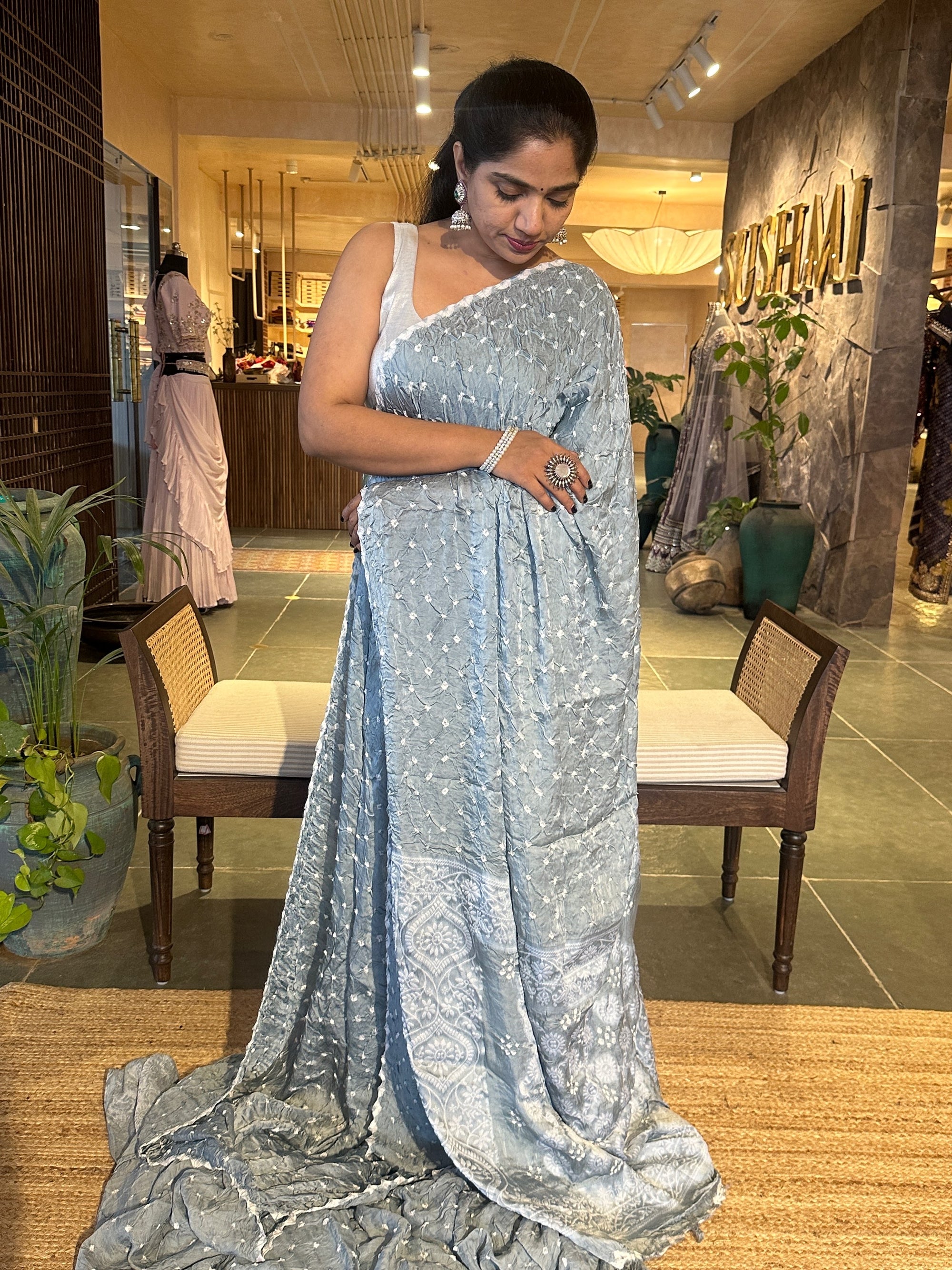 Bandhini and Chikankari Fusion Saree