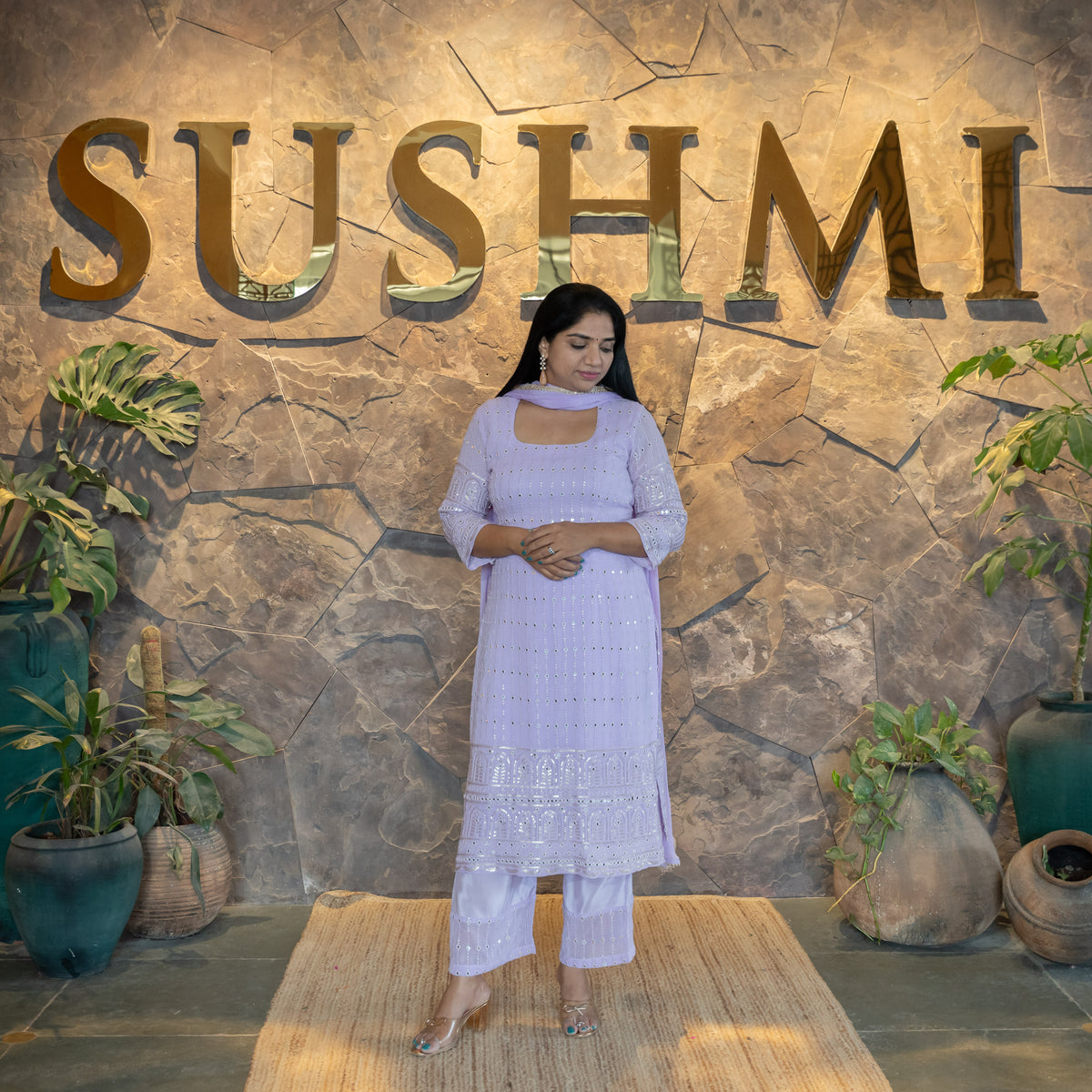 Gorgette Mirrorwork Chikankari 3-PC set