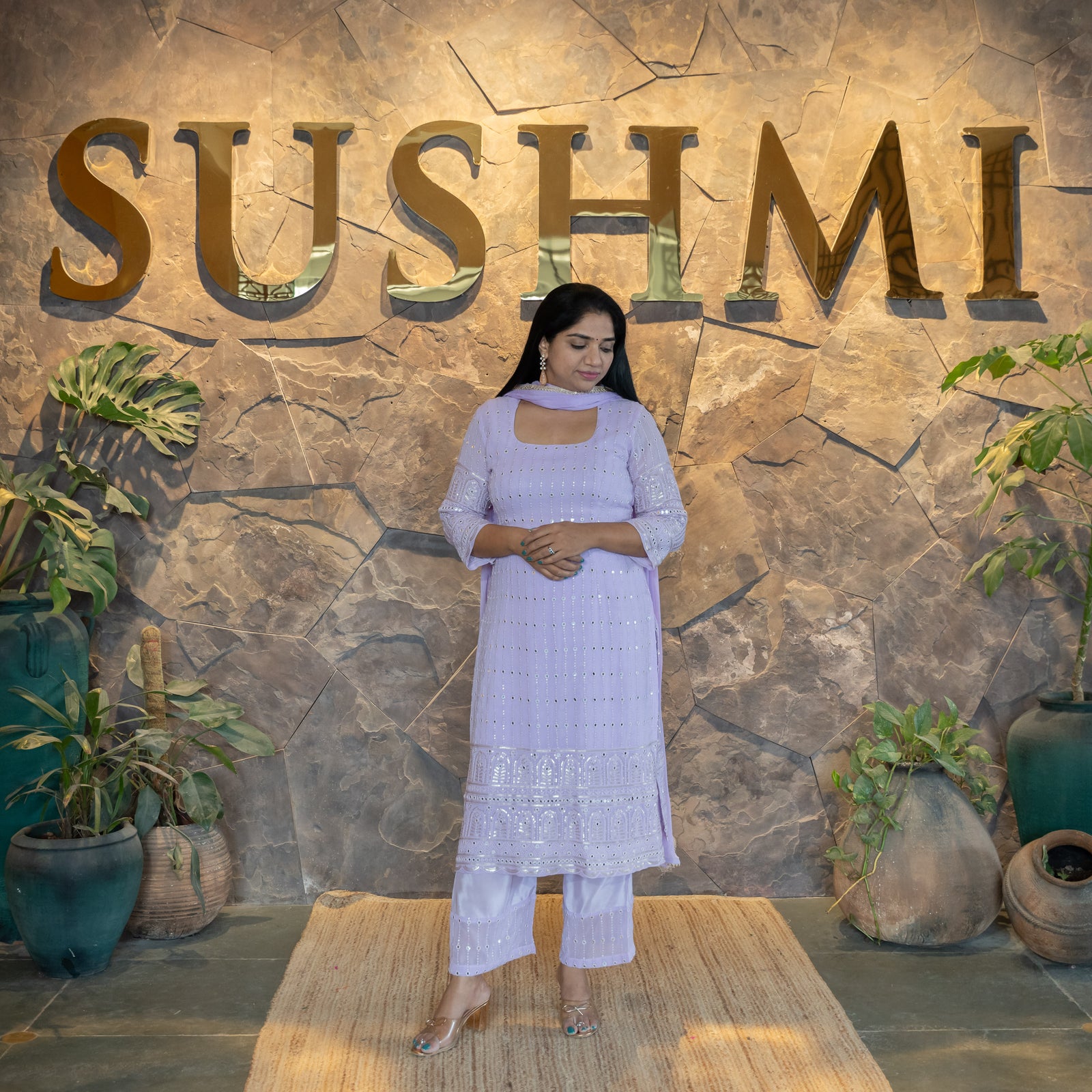 Gorgette Mirrorwork Chikankari 3-PC set