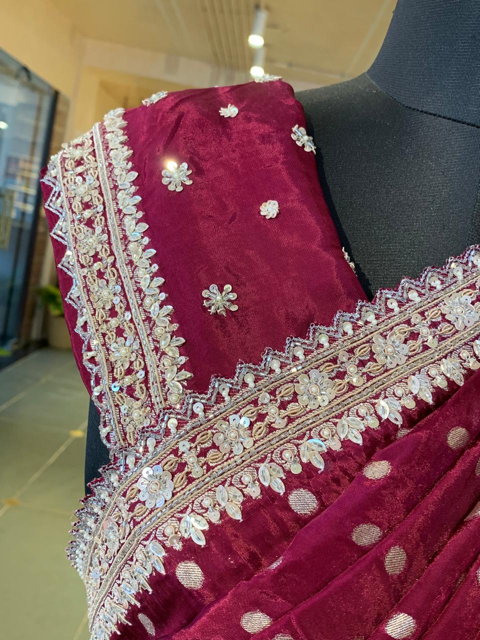 Wine Satin Gorgette Saree with Handwork border and blouse and allover zari butis