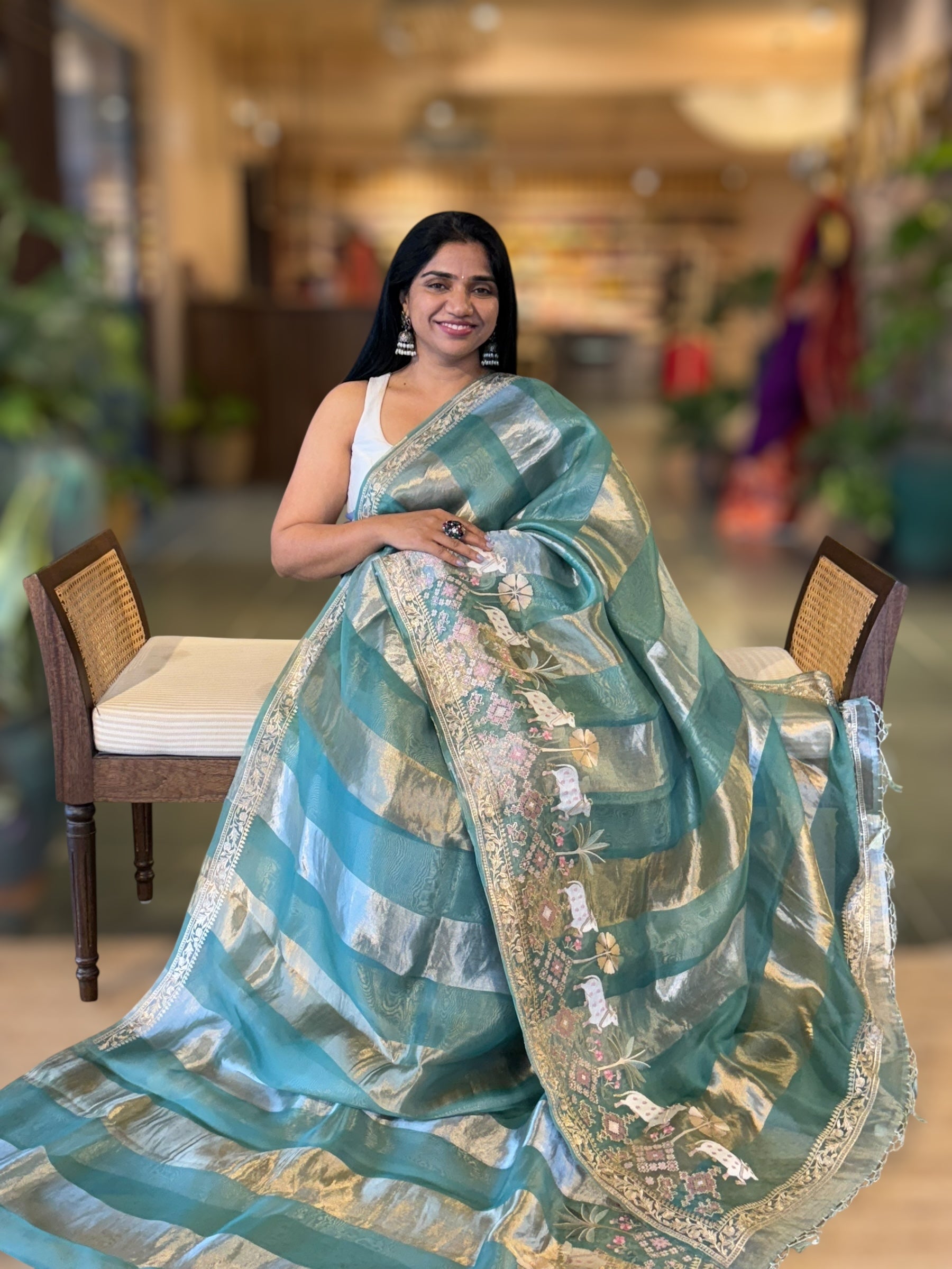Teal Tissue Stripes Saree With Jamdani  & Pichwai embroidered Border