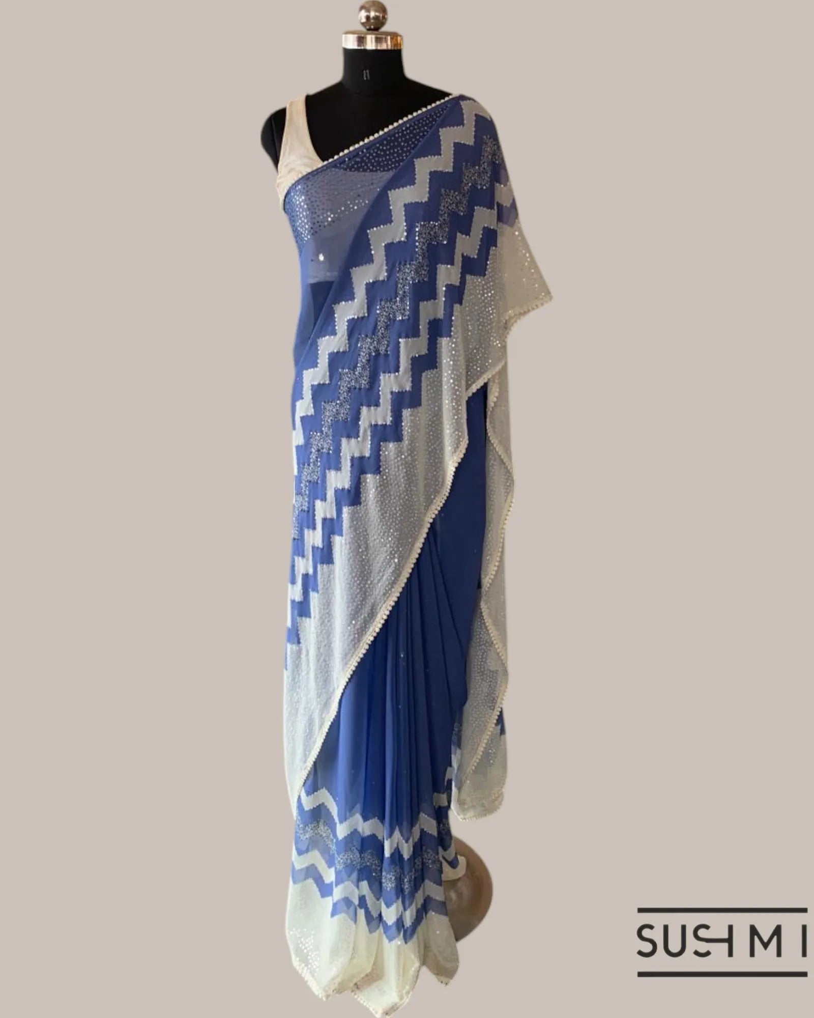 Blue Pure Gorgette Saree With Zigzag Pattern Sequnce Border