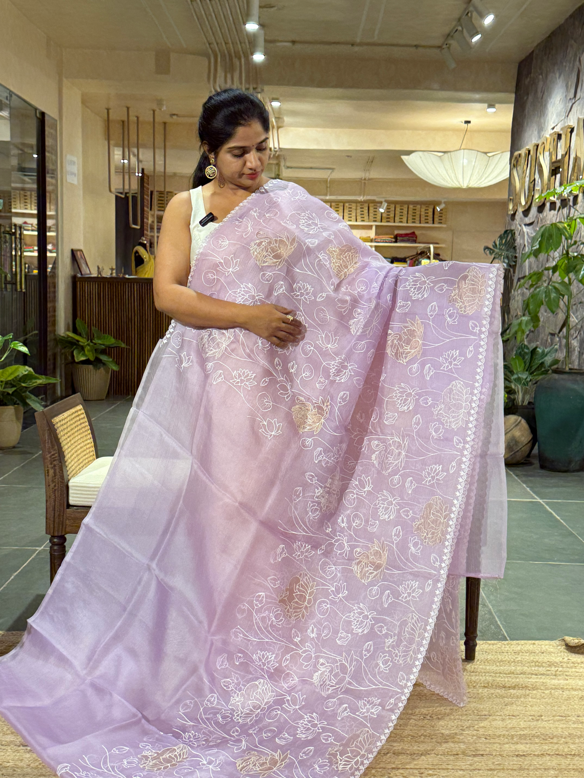 SOAA1609 :  Lilac Organza Saree with Allover Pichwai Applique Embroidery