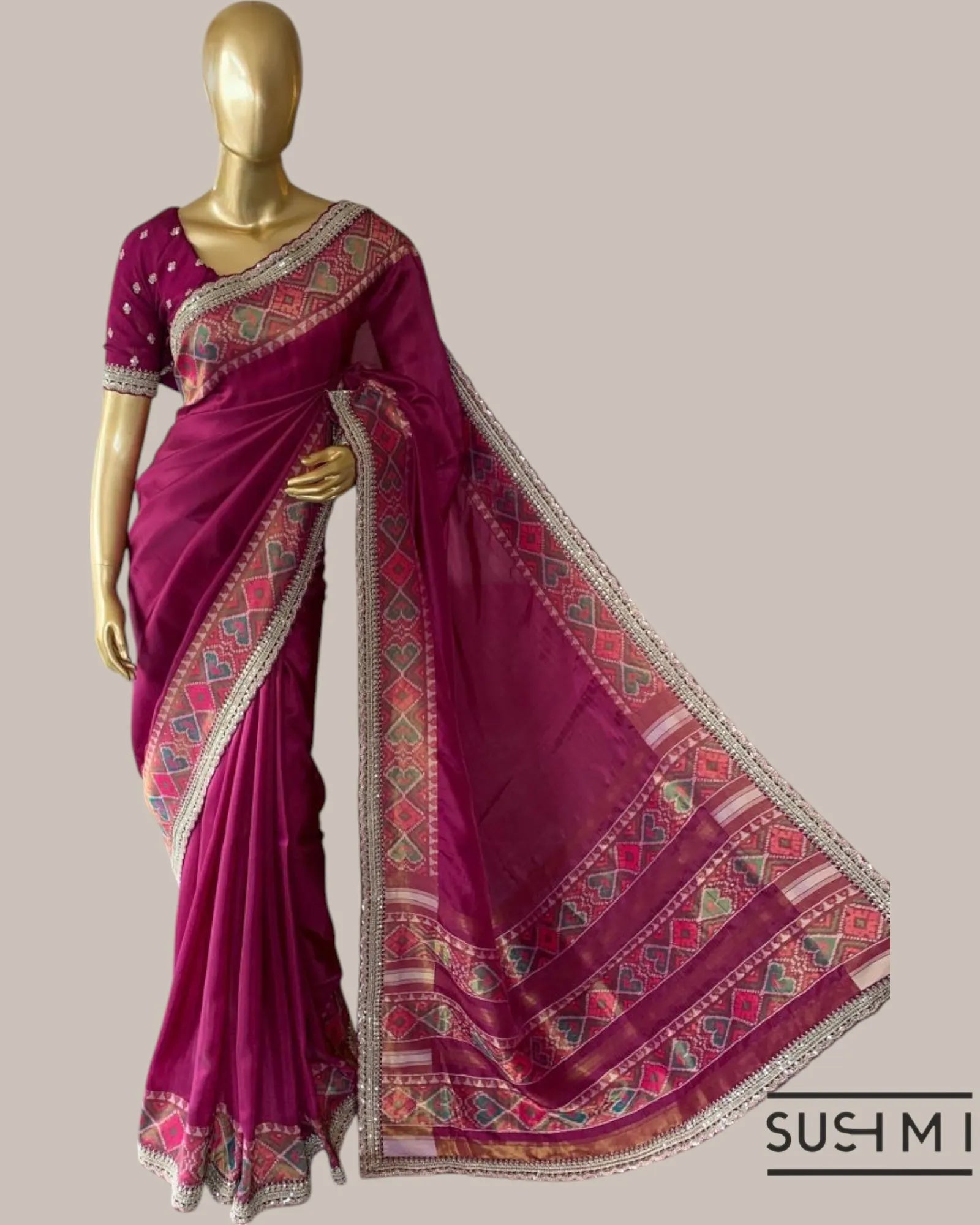 Beetroot Pink Tussar Silk Gorgette Saree in Ikkath Patola style Chevron body and