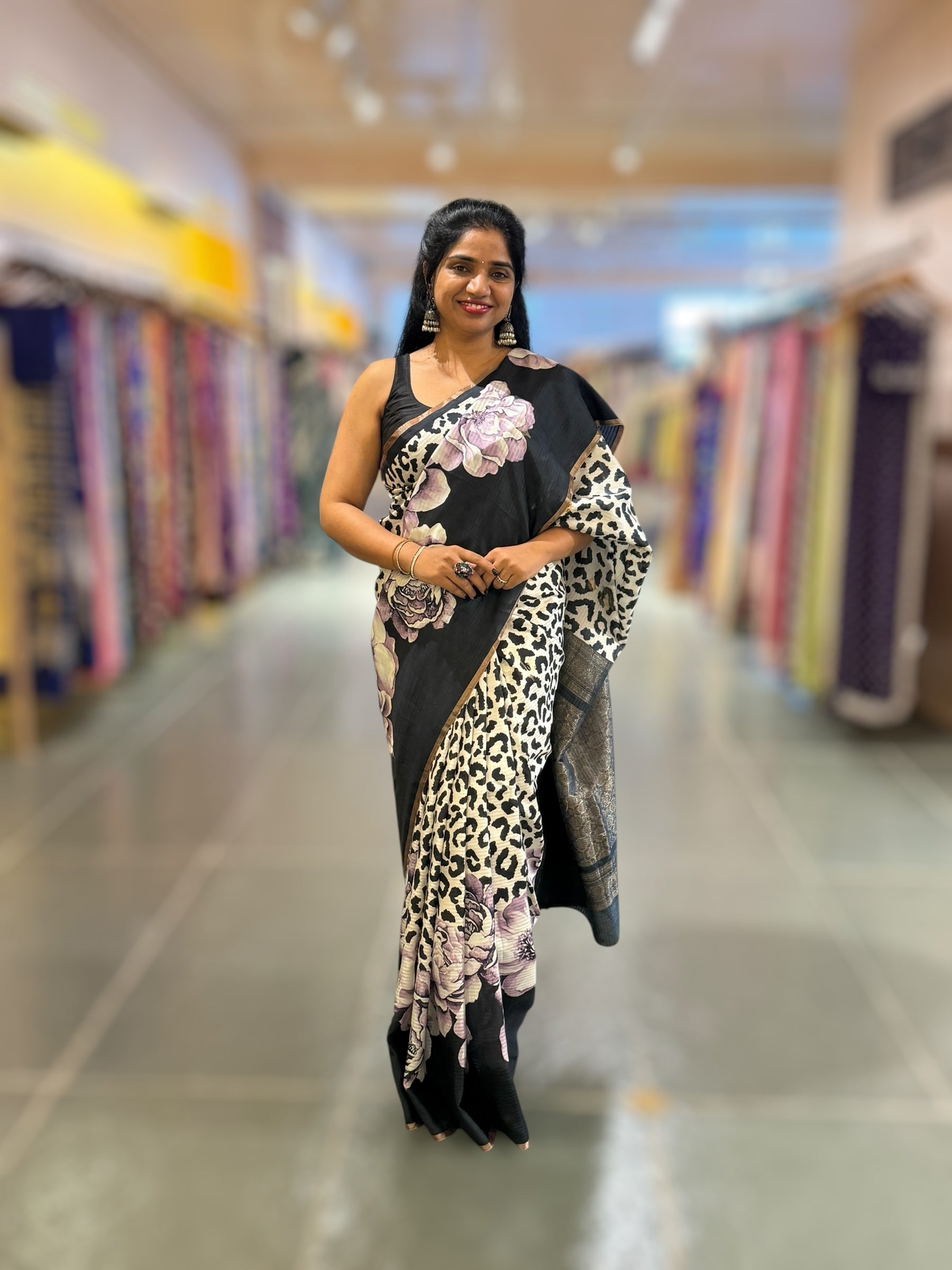 Kanchi Soft Silk Saree with Leopard and Statement 3D Rose Print