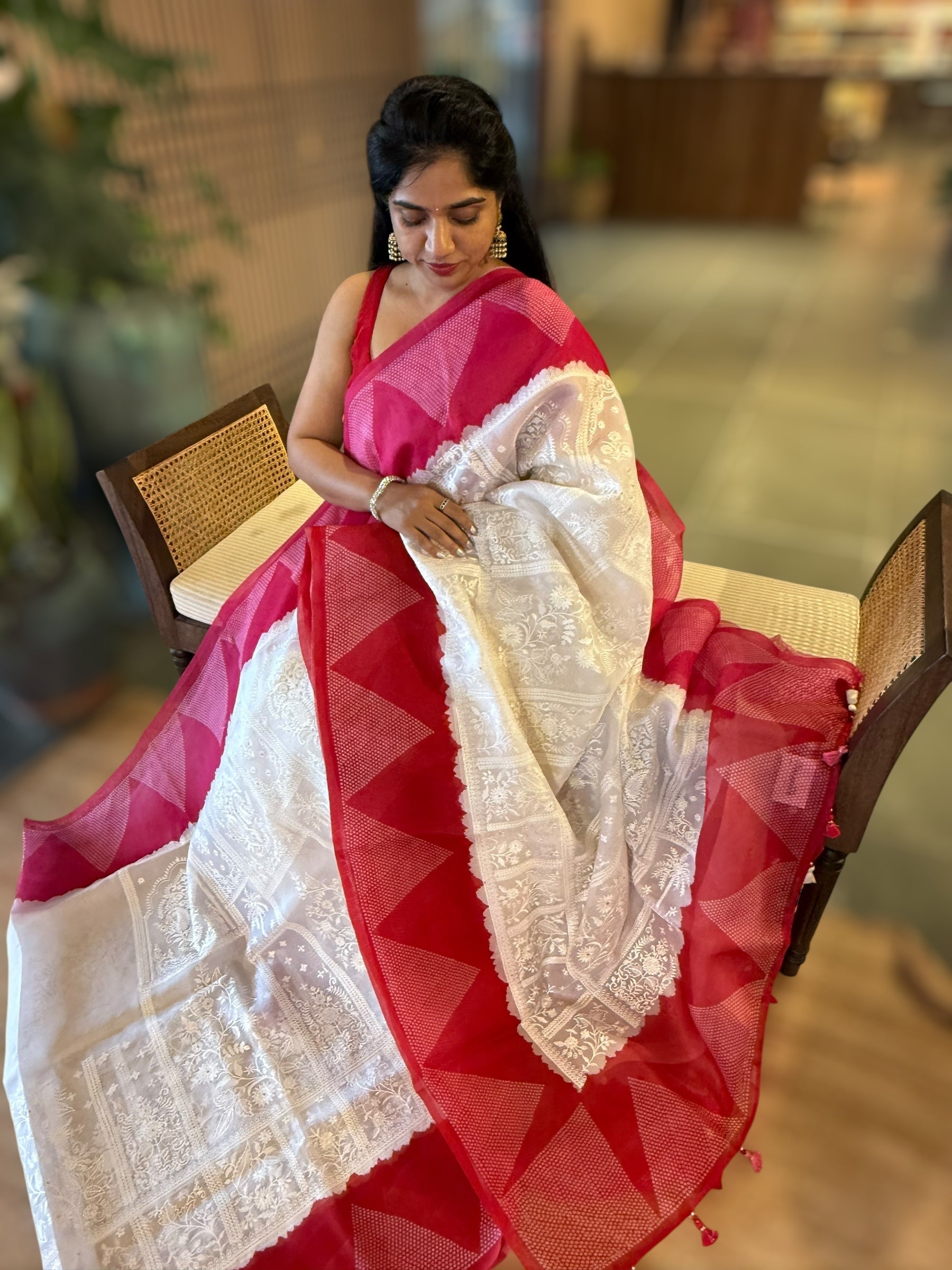 Organza Chikankari Embroidery Saree With Ganga Jamuna Bandhini Temple Borders