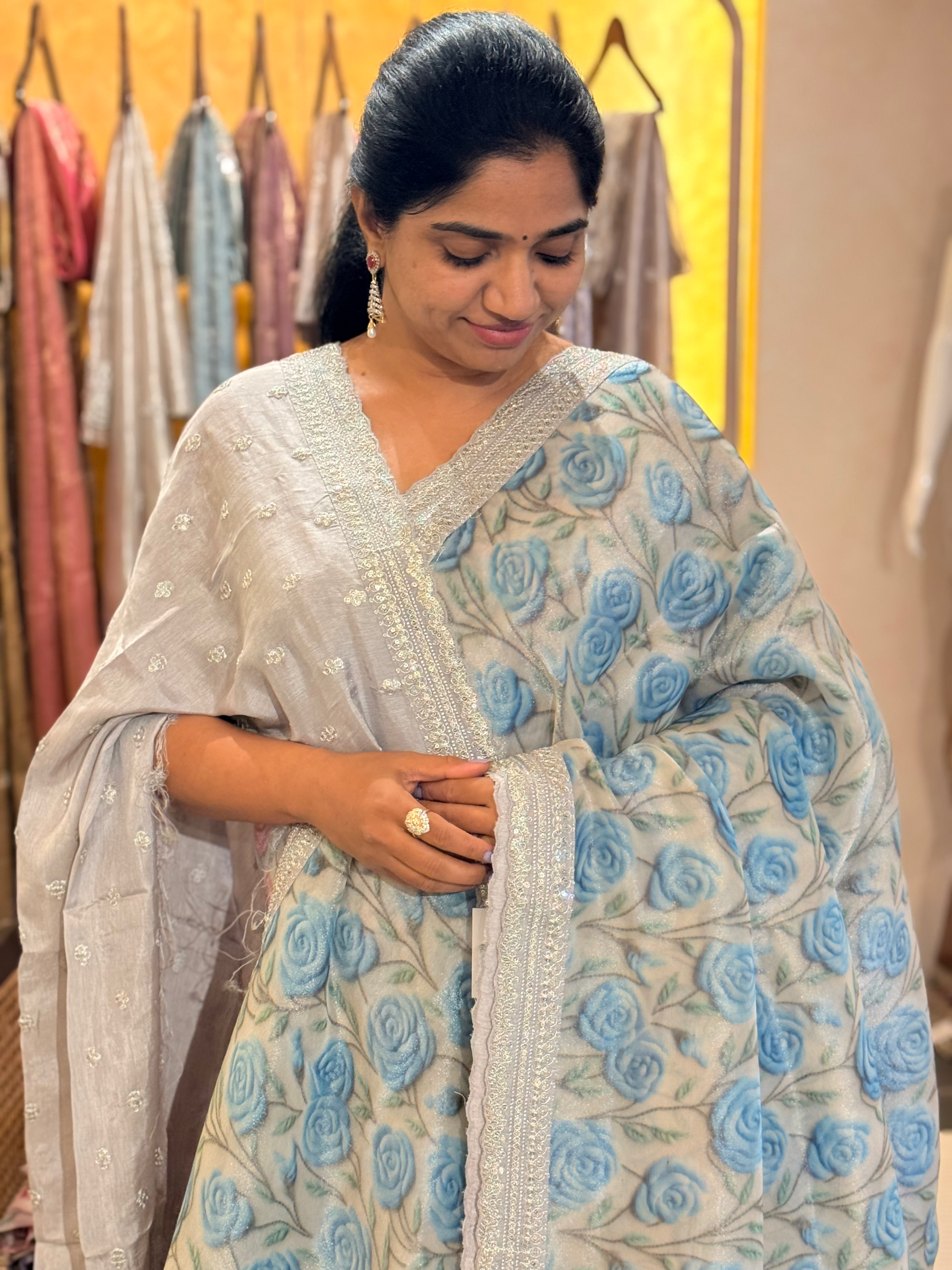 Tissue Gorgette Saree with 3D Floral Print hemlined with Sabhyasachi borders