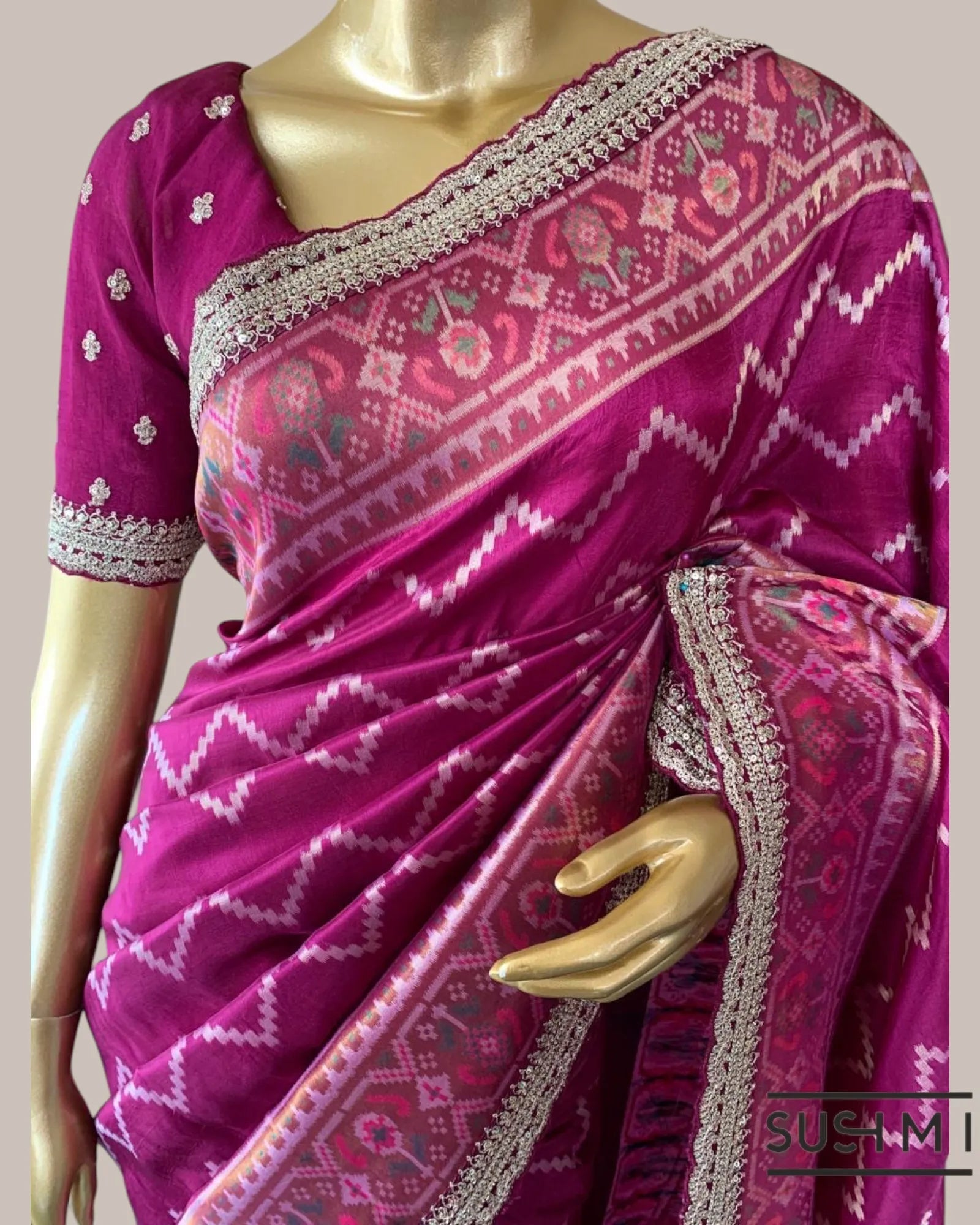 Majenta Tussar Silk Gorgette Saree in Ikkath Patola style Chevron body and Patol