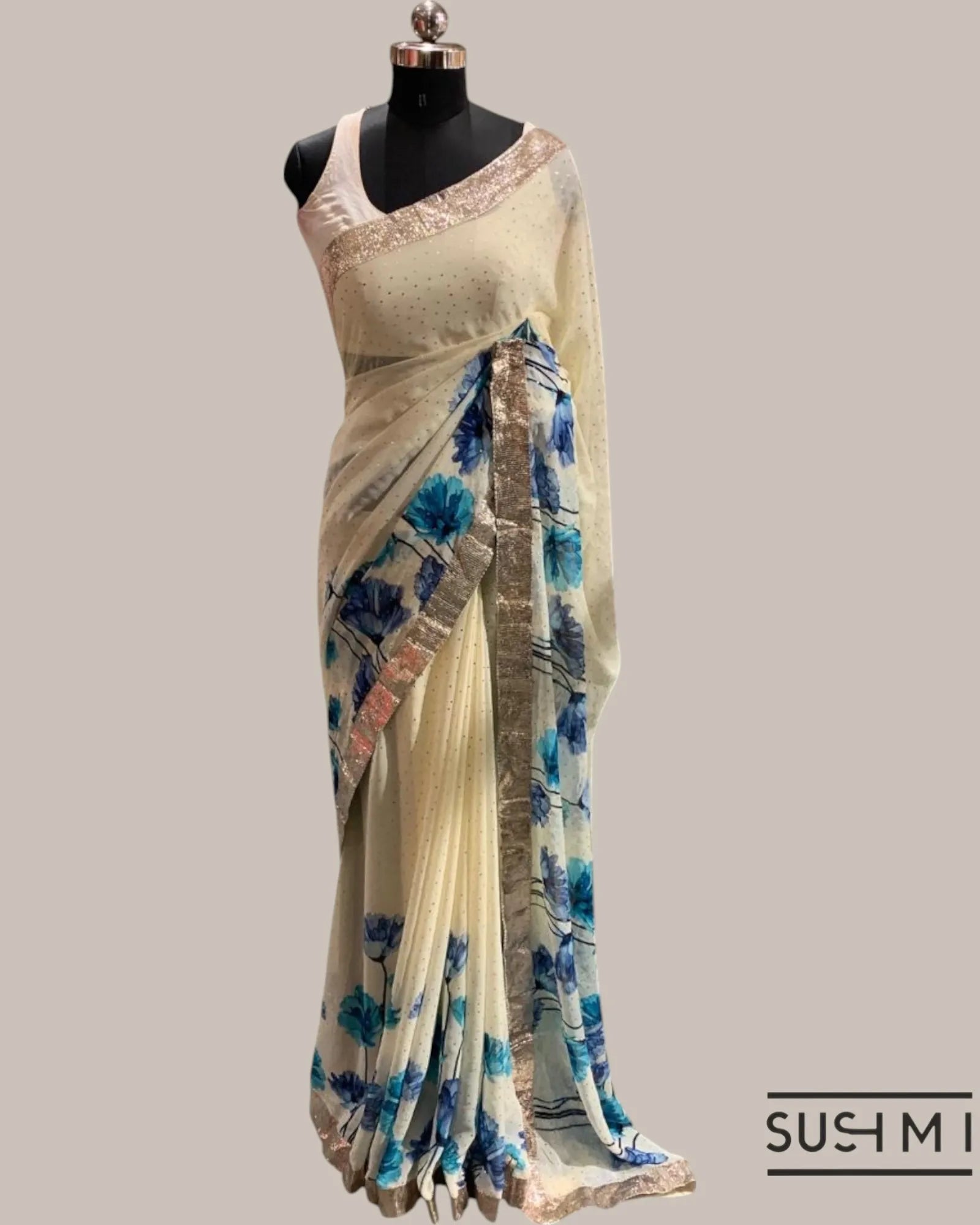 Pure Gorgette Saree with floral printed border and pallu hemlined with gota lace