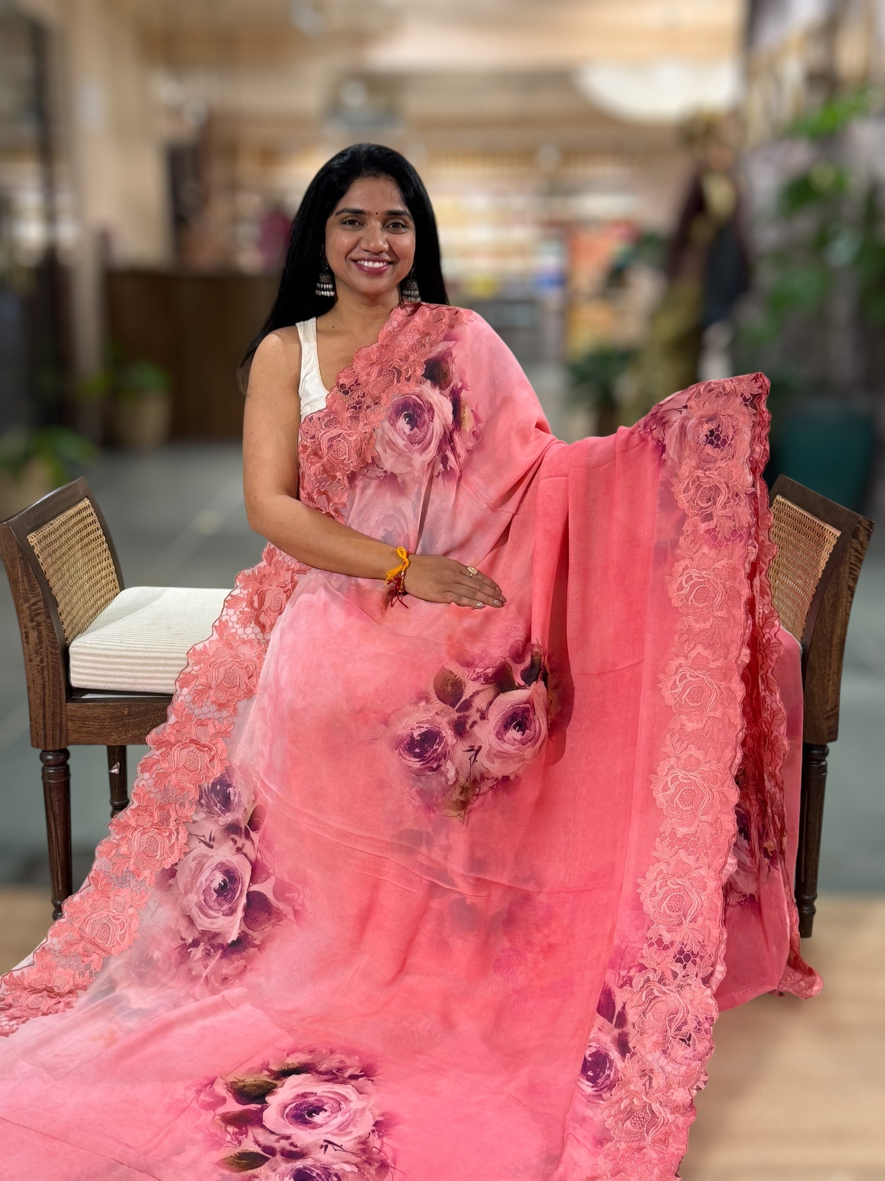 Coral Peach Gorgette  Saree With Chatilly Lace Style Cutwork embroidered Border