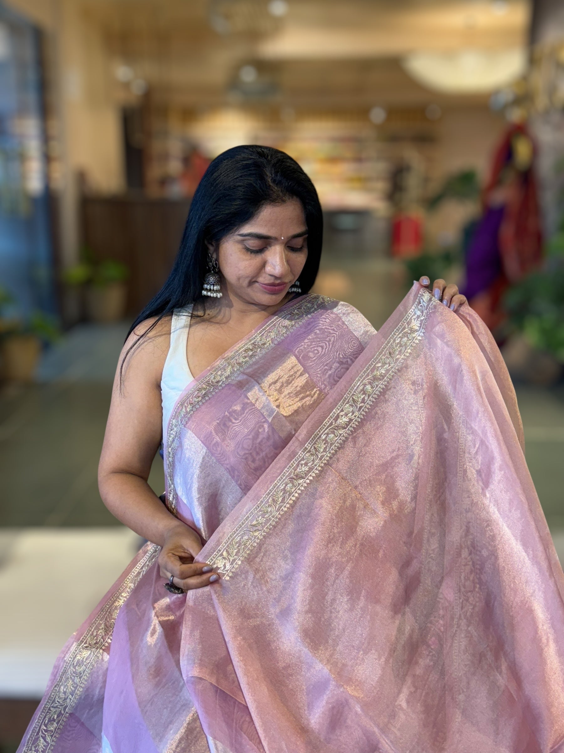 Mustard Kora Tissue Stripes Saree With Jamdani  & Pichwai embroidered Border