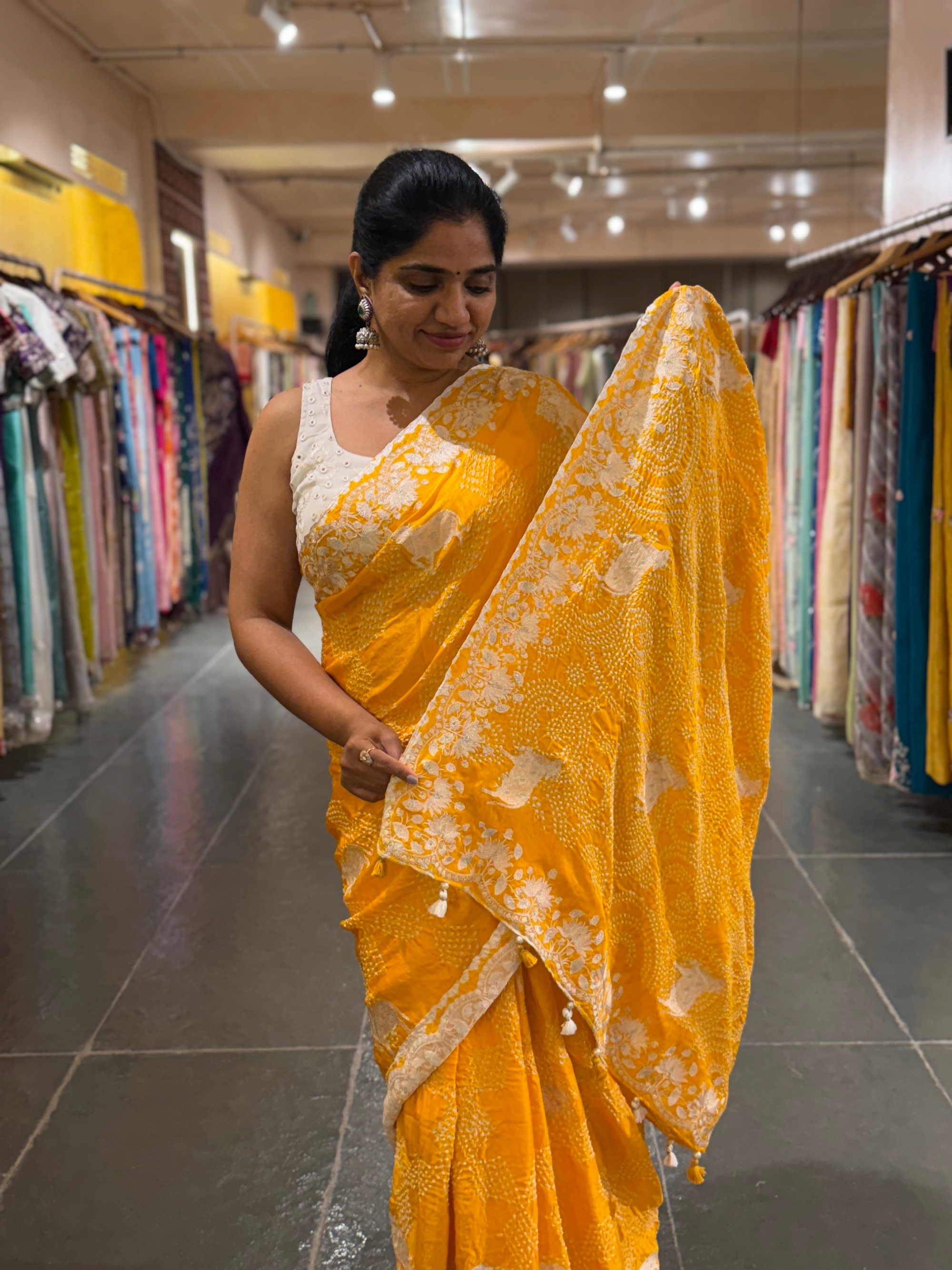 Marigold Pure Gajji Silk Rai Bandhej Saree with Pichwai Embroidery
