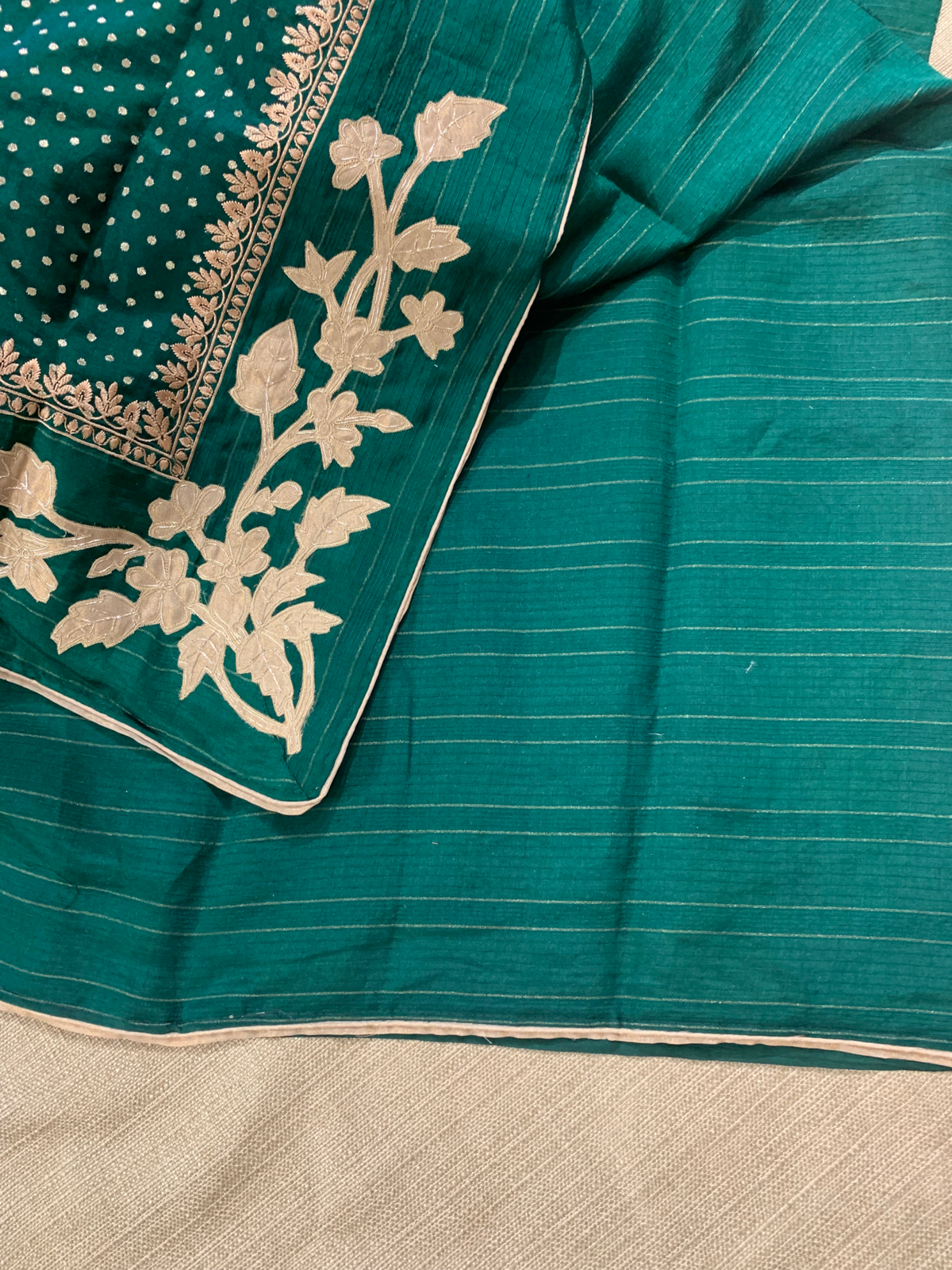 Bottle Green Chiniya Silk Saree with Embroidery Border & Applique Creeper Pallu