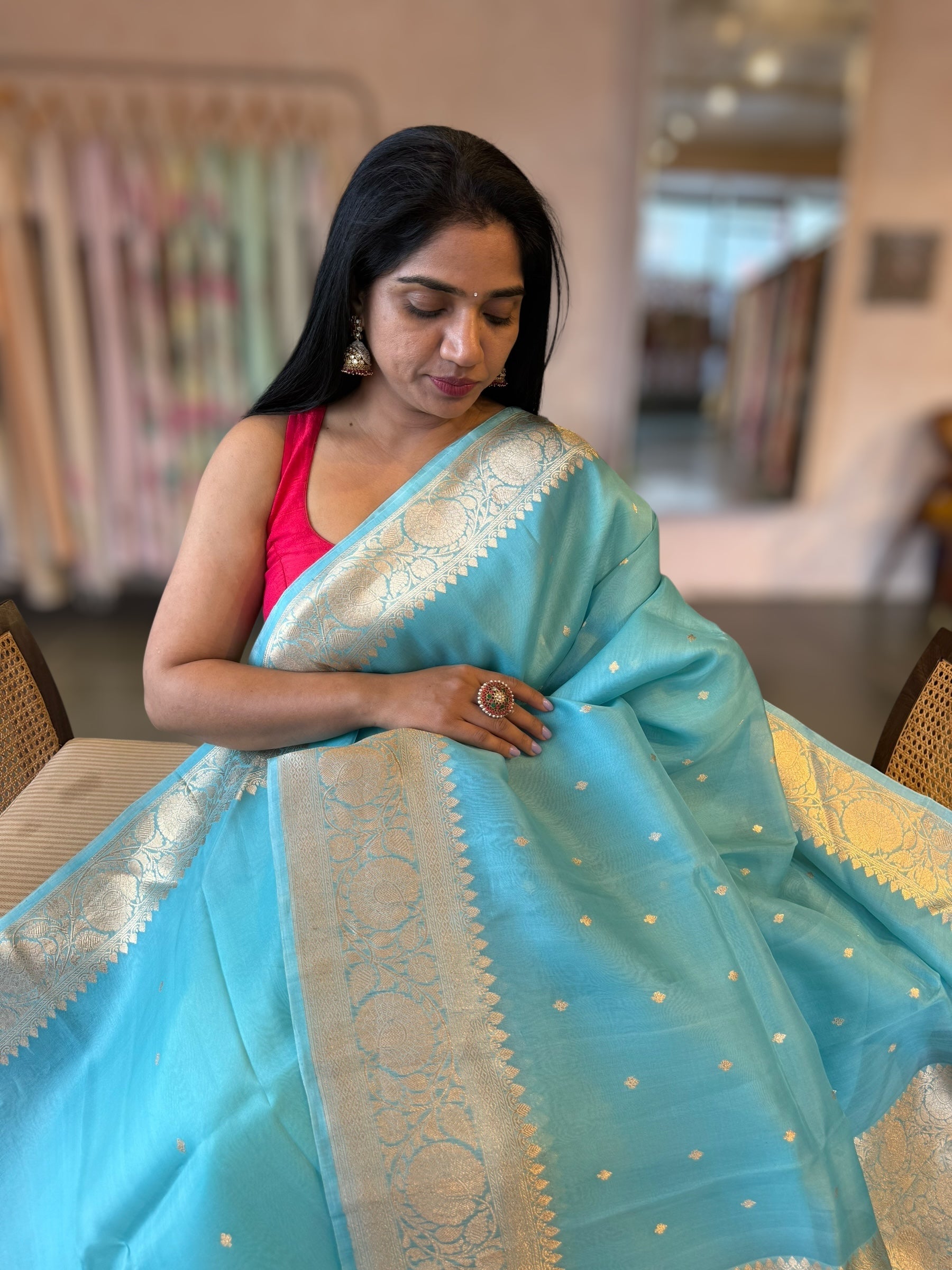 Pastel Blue Pure Handloom Kora Banarasi Saree With Kaduwa Woven Motifs