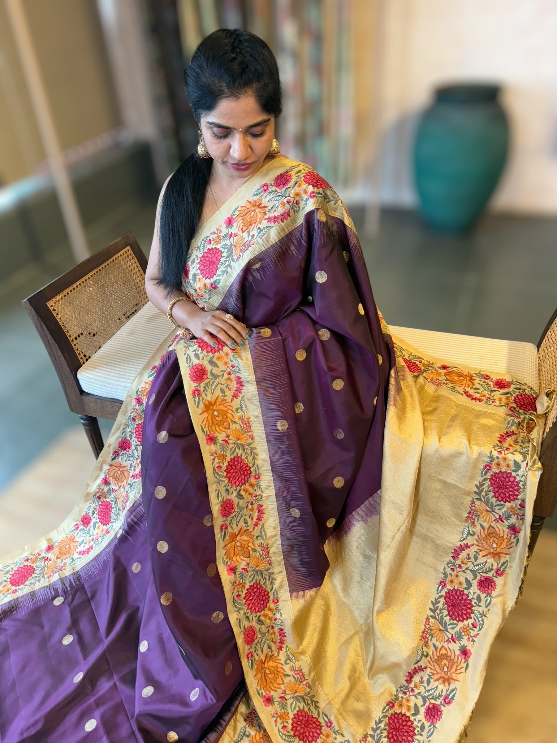 Wine Kanchi Silk Saree in With Petite Point  Embroidered Border