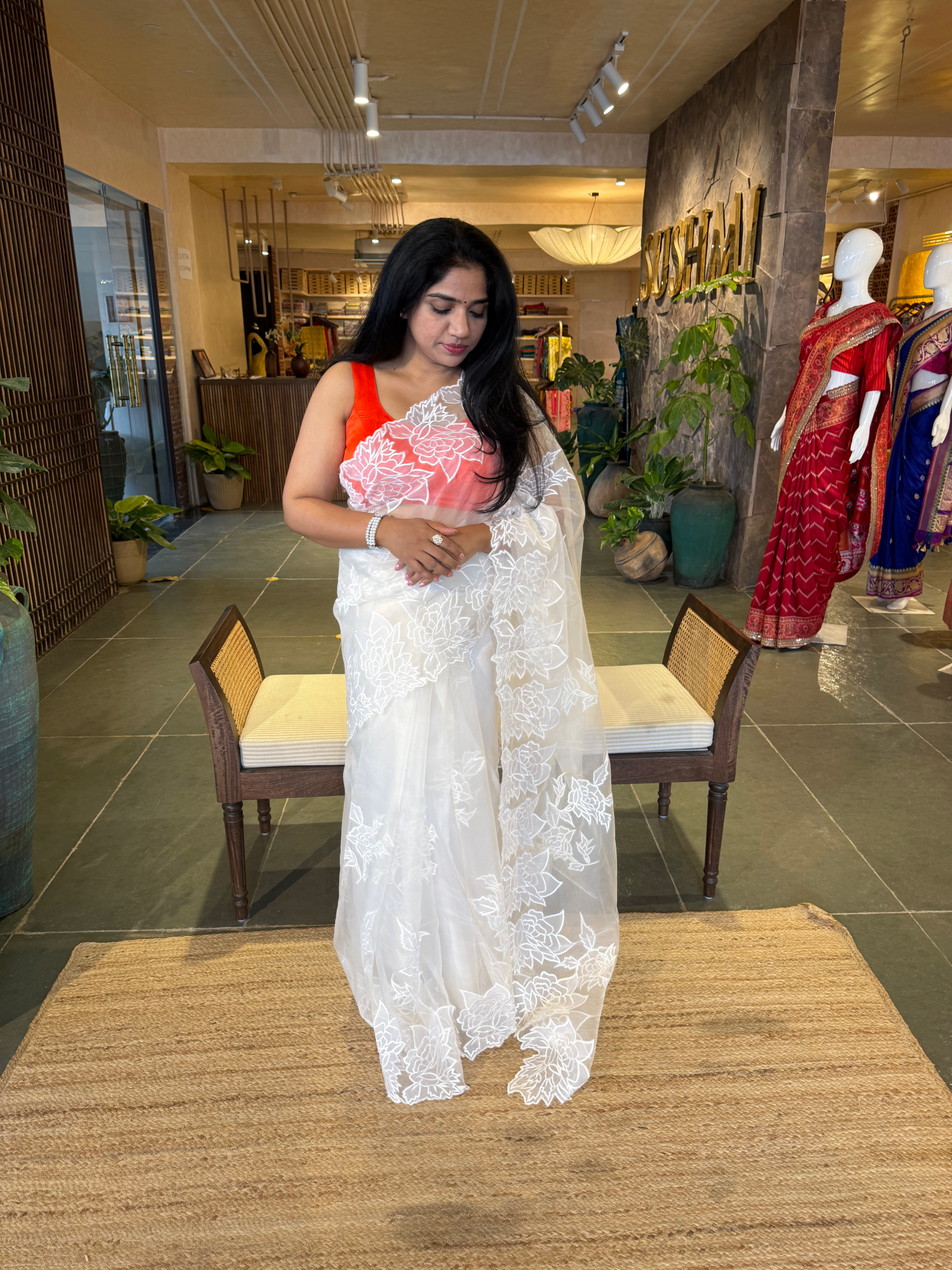 OROSEV1902 : White Organza Saree with Embroidered Rose Border