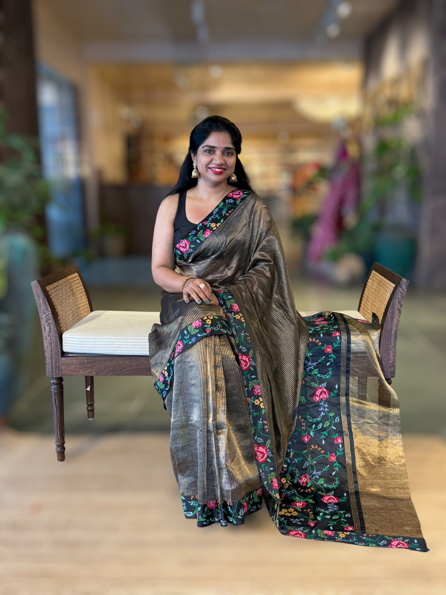 Black Tissue Stripes Saree wth Petite Point Embroidered Border Pallu & BP