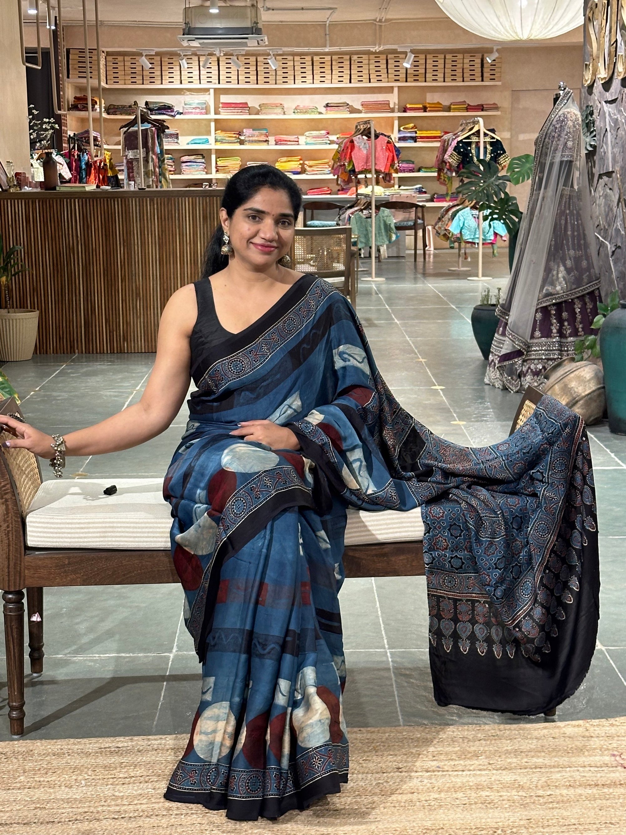 Indigo Ajrakh saree in Pure Modal Satin Silk with beautiful ajrakh pallu &blouse
