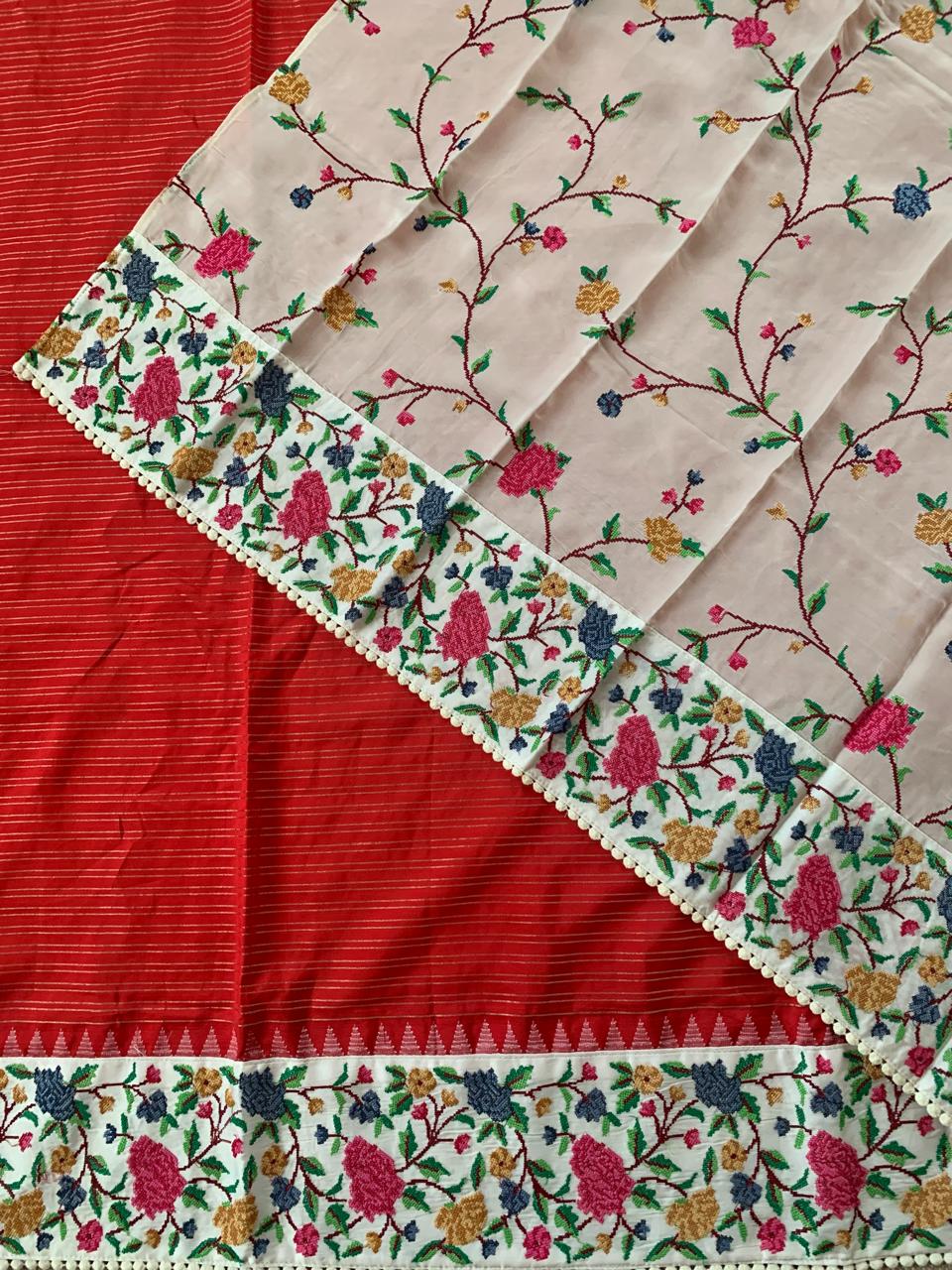 Red Kanchi Soft Silk Saree With Petite Point Embroidered Border Pallu & Blouse