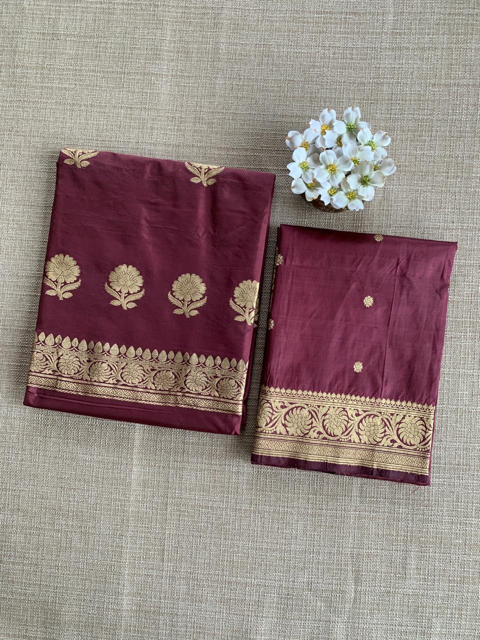 Winish Browm Pure Handloom Katan Silk  3 pc Suit Set with  kaduwa weaving