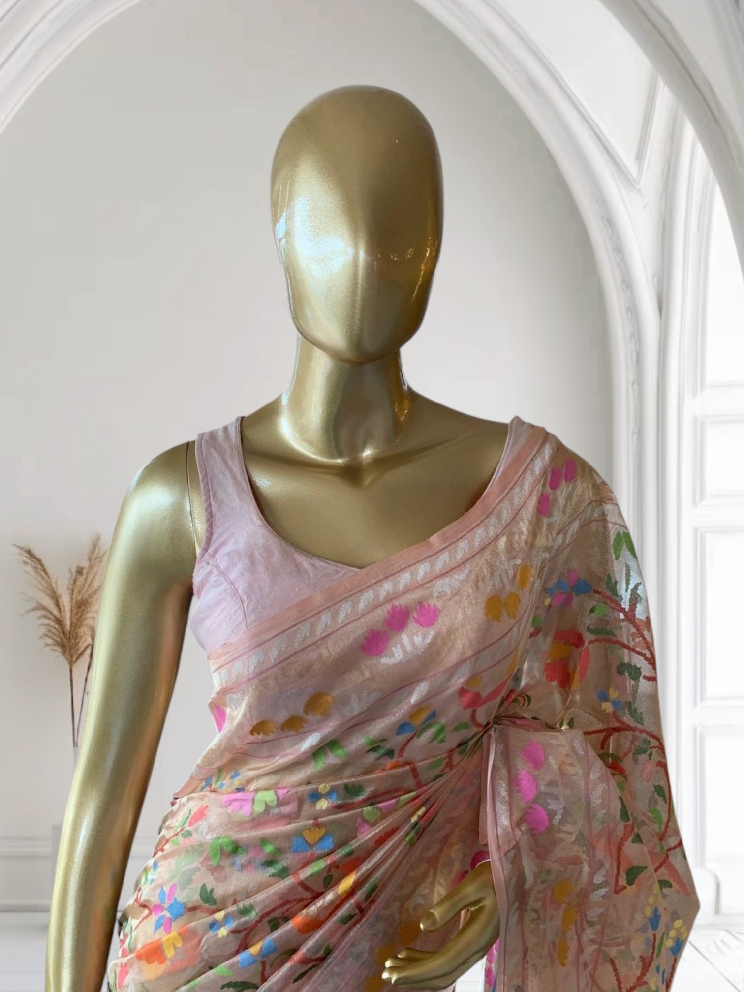 Peach Real Zari  Banarasi Tissue Jamdani Saree