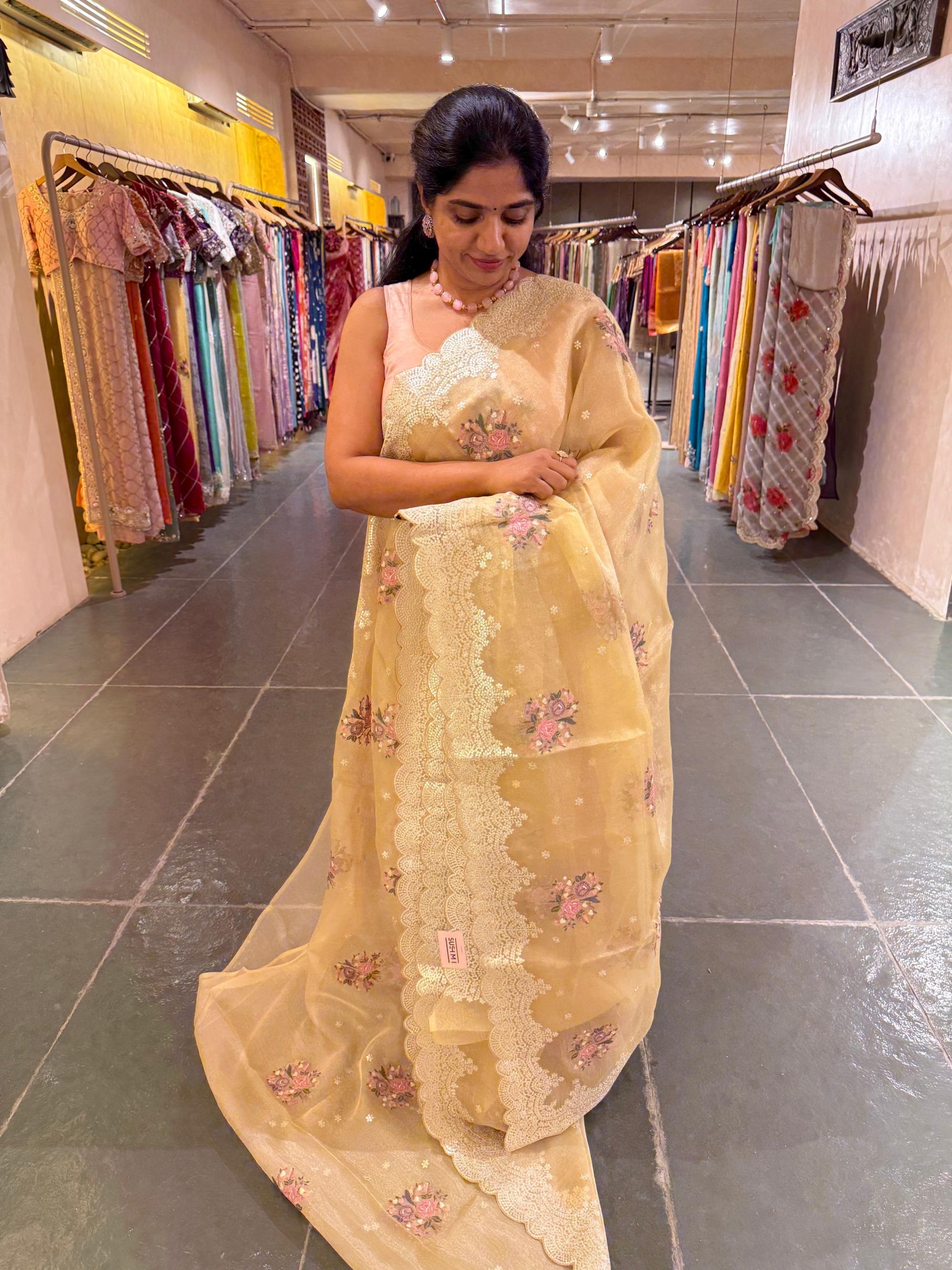 Yellow Tissue Saree With allover Petite Point Motifs & Pittai Sequnce Borders