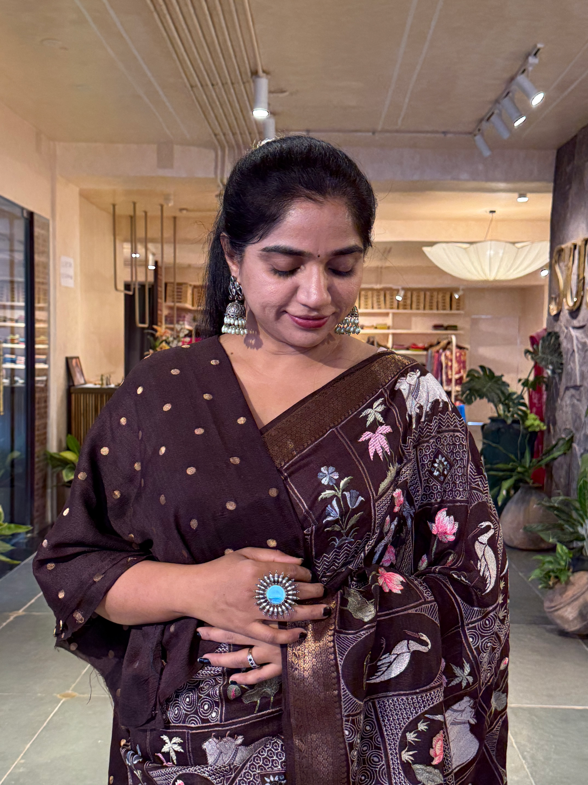 SMSEA106 :  Coffee Brown Pure Handloom Munga Silk Saree with Pichwai Embroidery