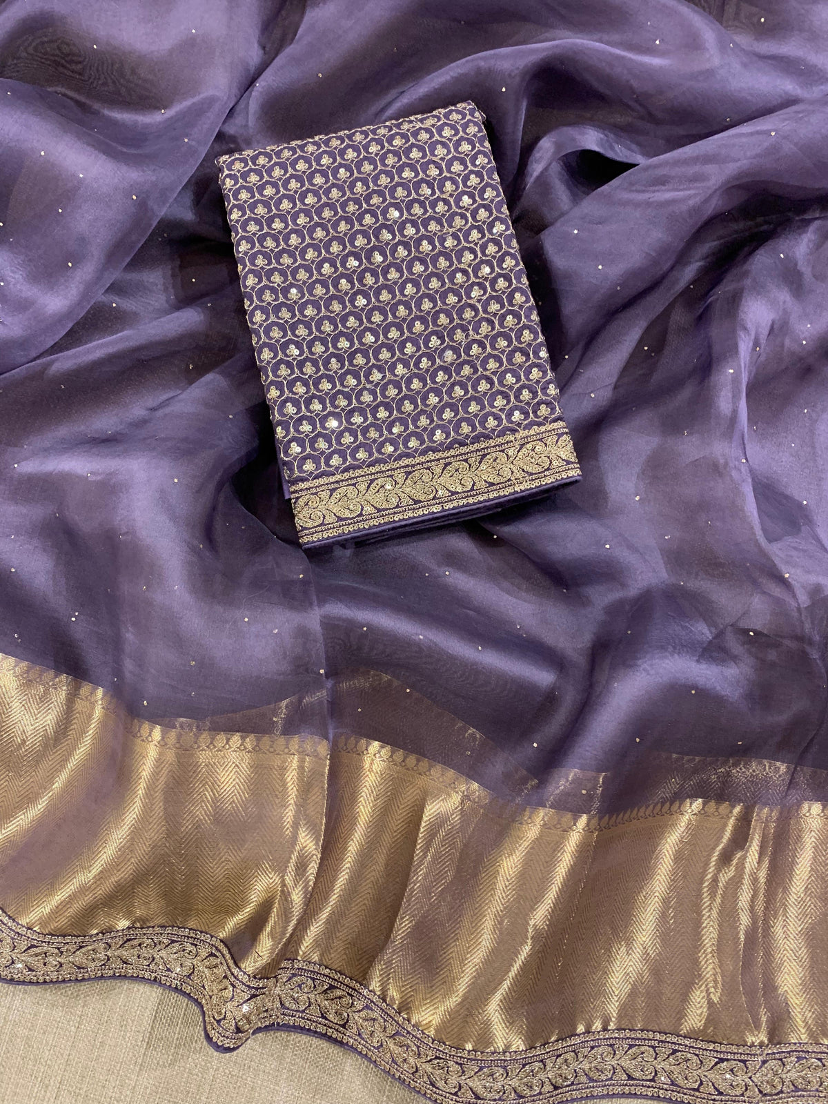 SK1091414ORG:Bluish Violet Kanchi Kora Saree with allover mukaish handwork