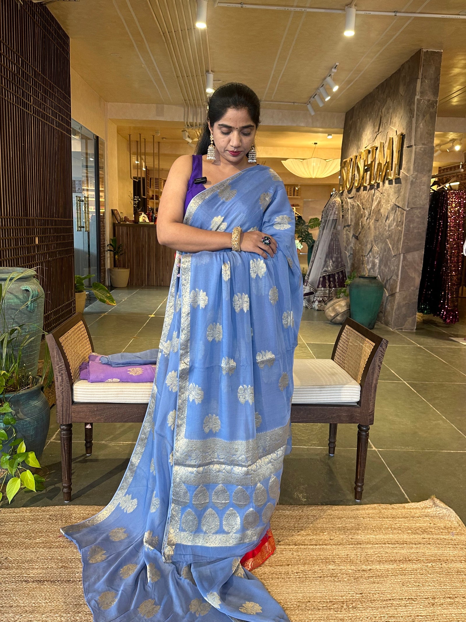 Blue Banarasi Chiffon Saree