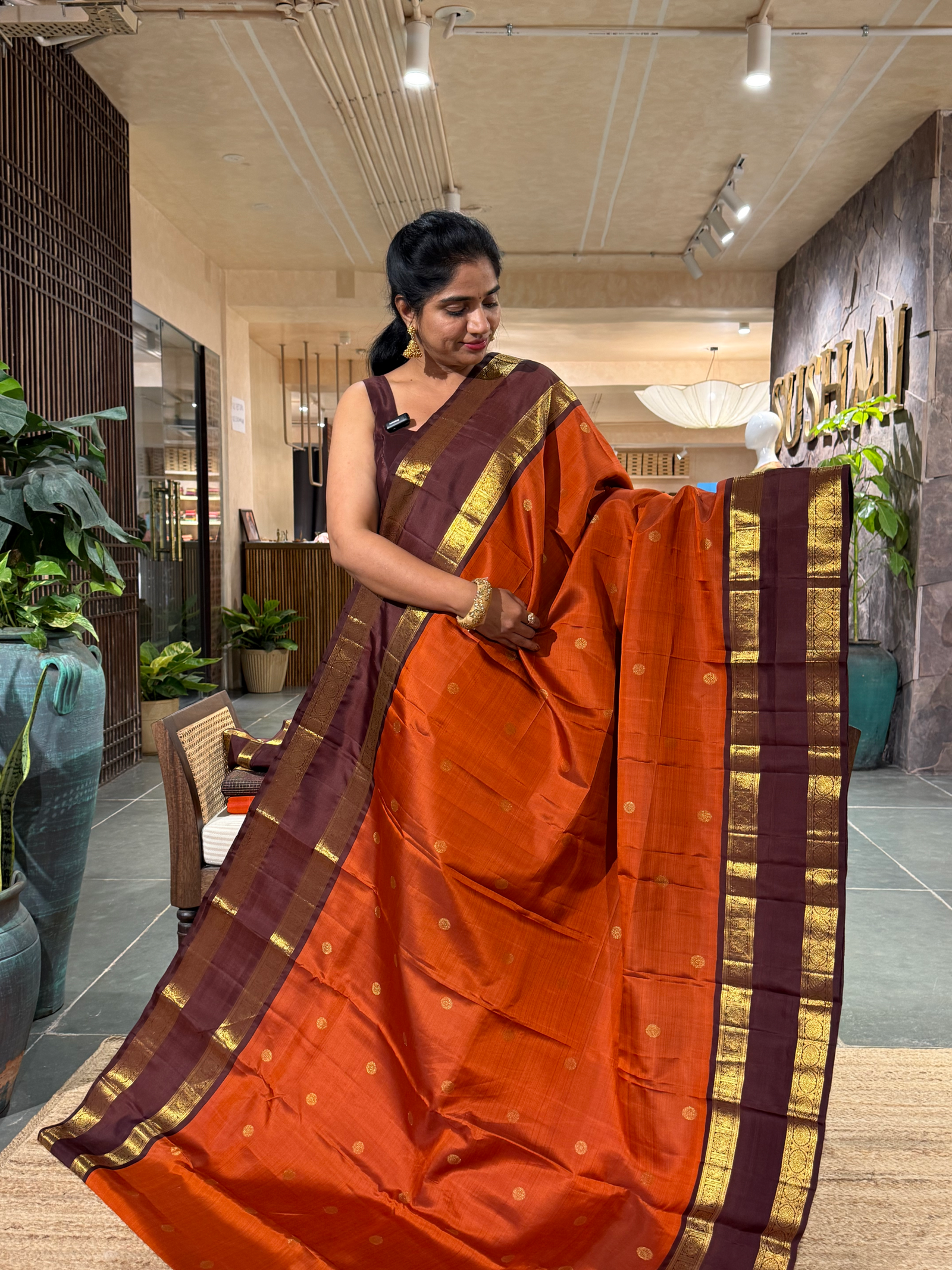 SVKM2205 Rust Orange & Light BrownCombo Vintage Kanchi Saree With Gap Borders