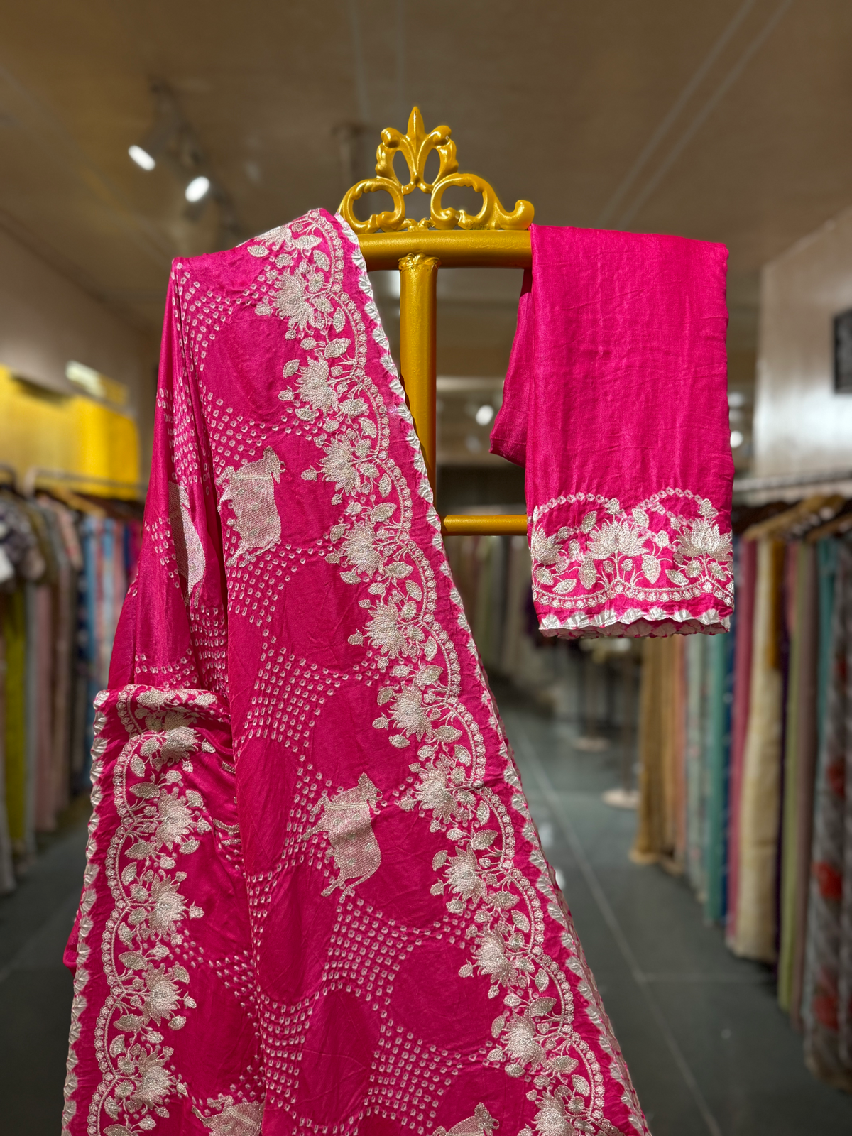 Neon Pink Pure Gajji Silk Rai Bandhej Saree with Pichwai Embroidery