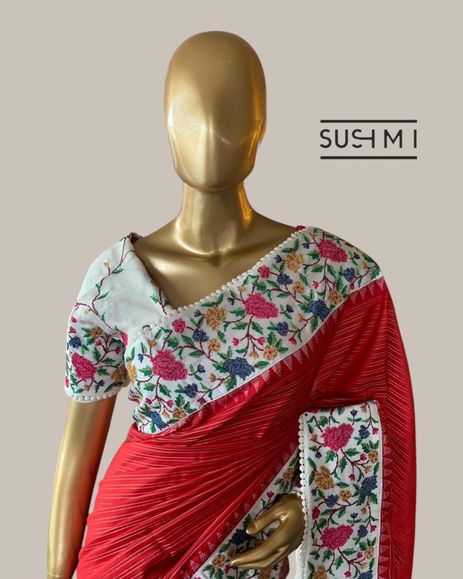 Red Kanchi Soft Silk Saree With Petite Point Embroidered Border Pallu & Blouse