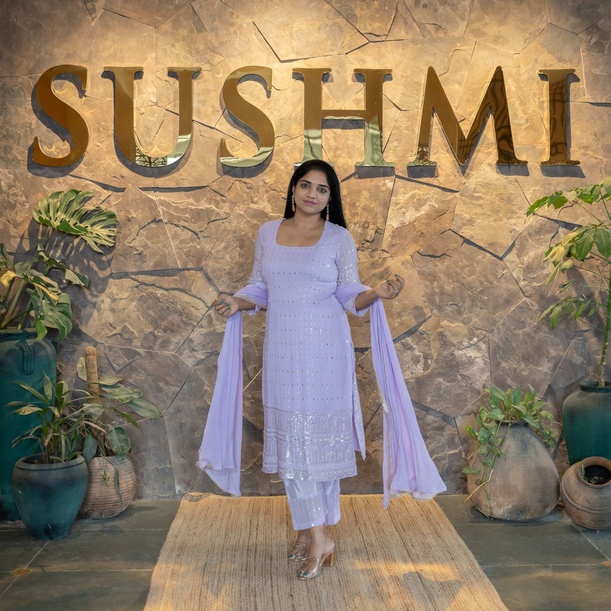 Gorgette Mirrorwork Chikankari 3-PC set