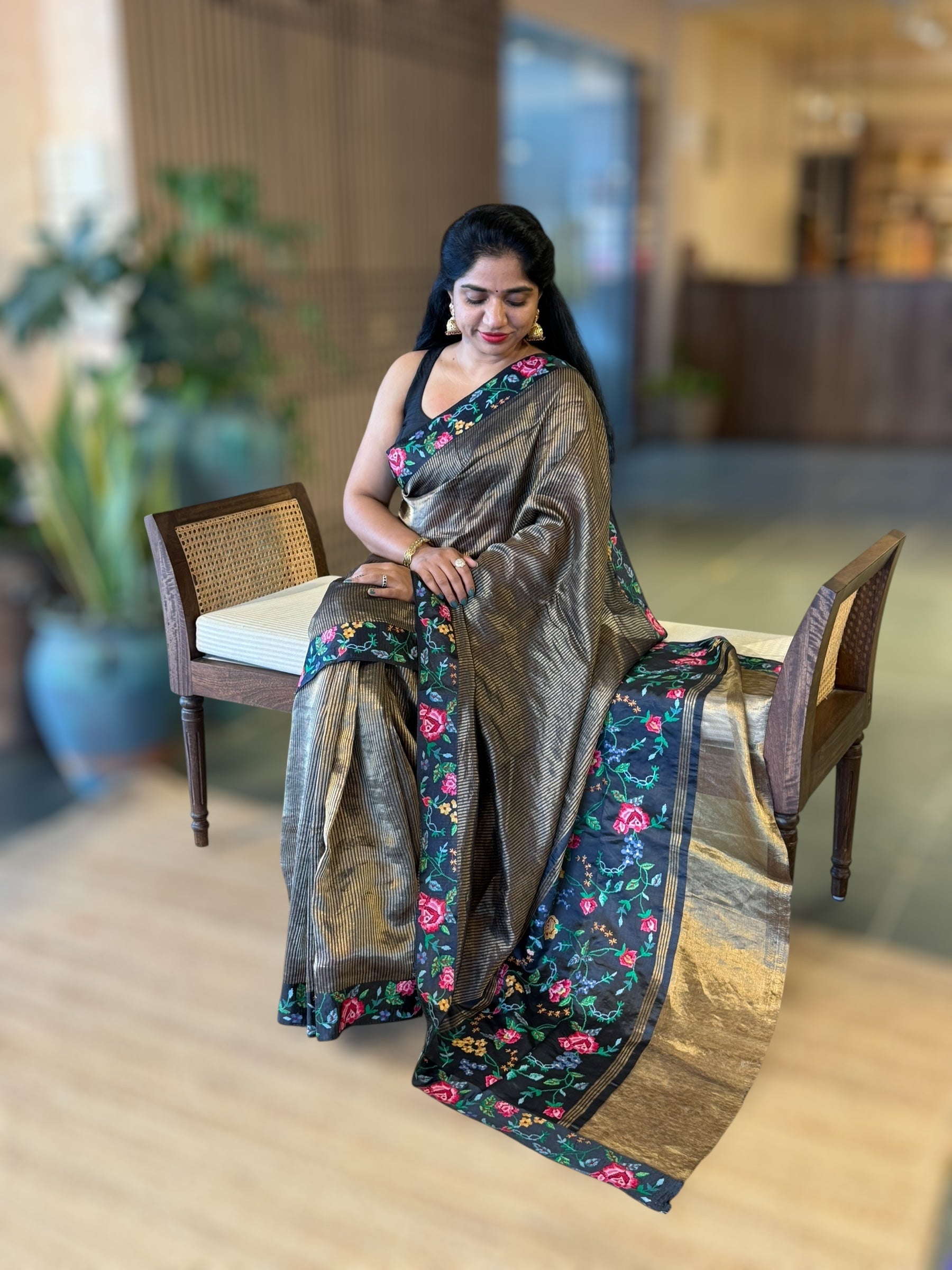 Black Tissue Stripes Saree wth Petite Point Embroidered Border Pallu & BP