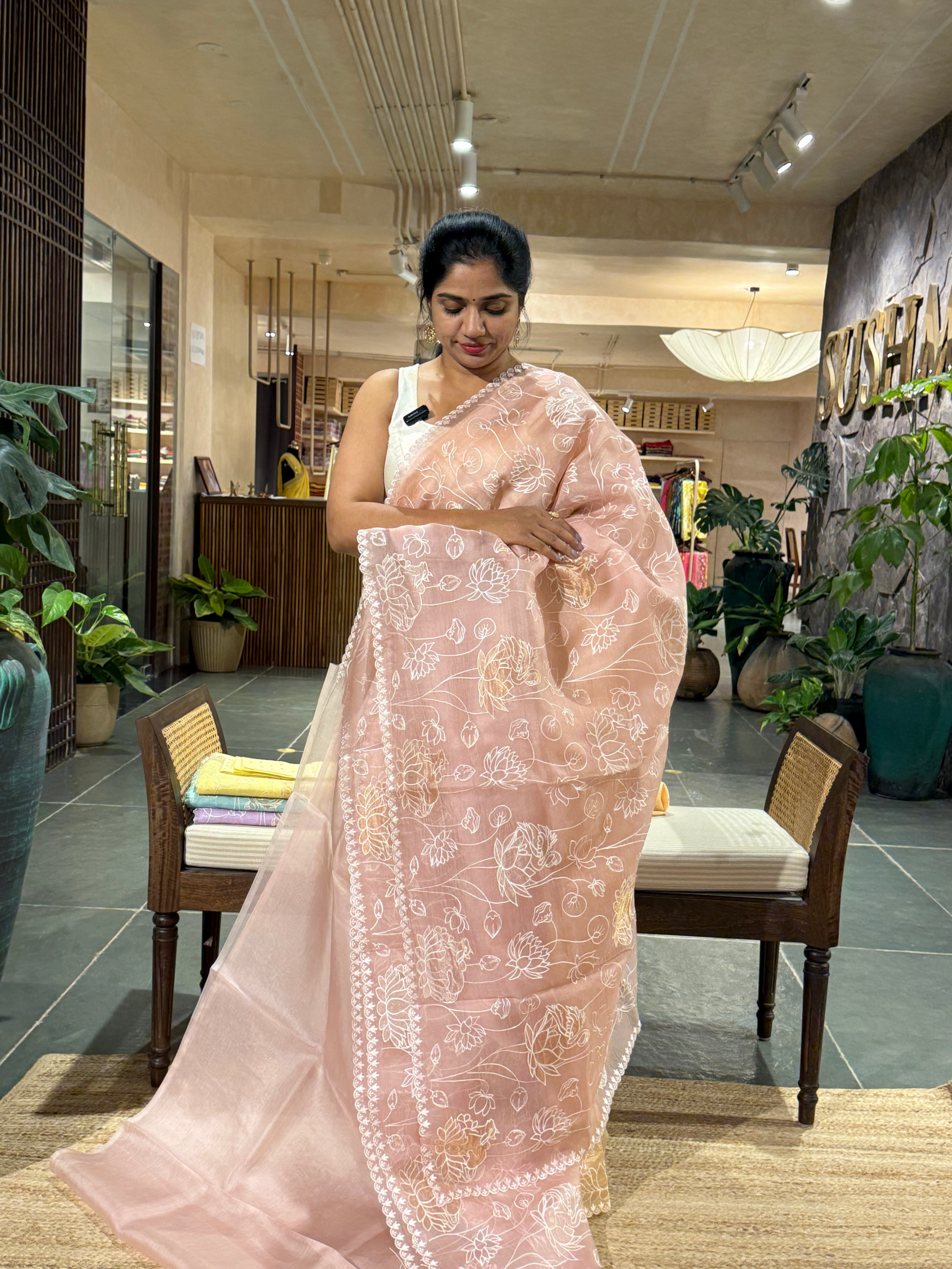 SOAA1606 : Nude Pink Organza Saree with Allover Pichwai Applique Embroidery