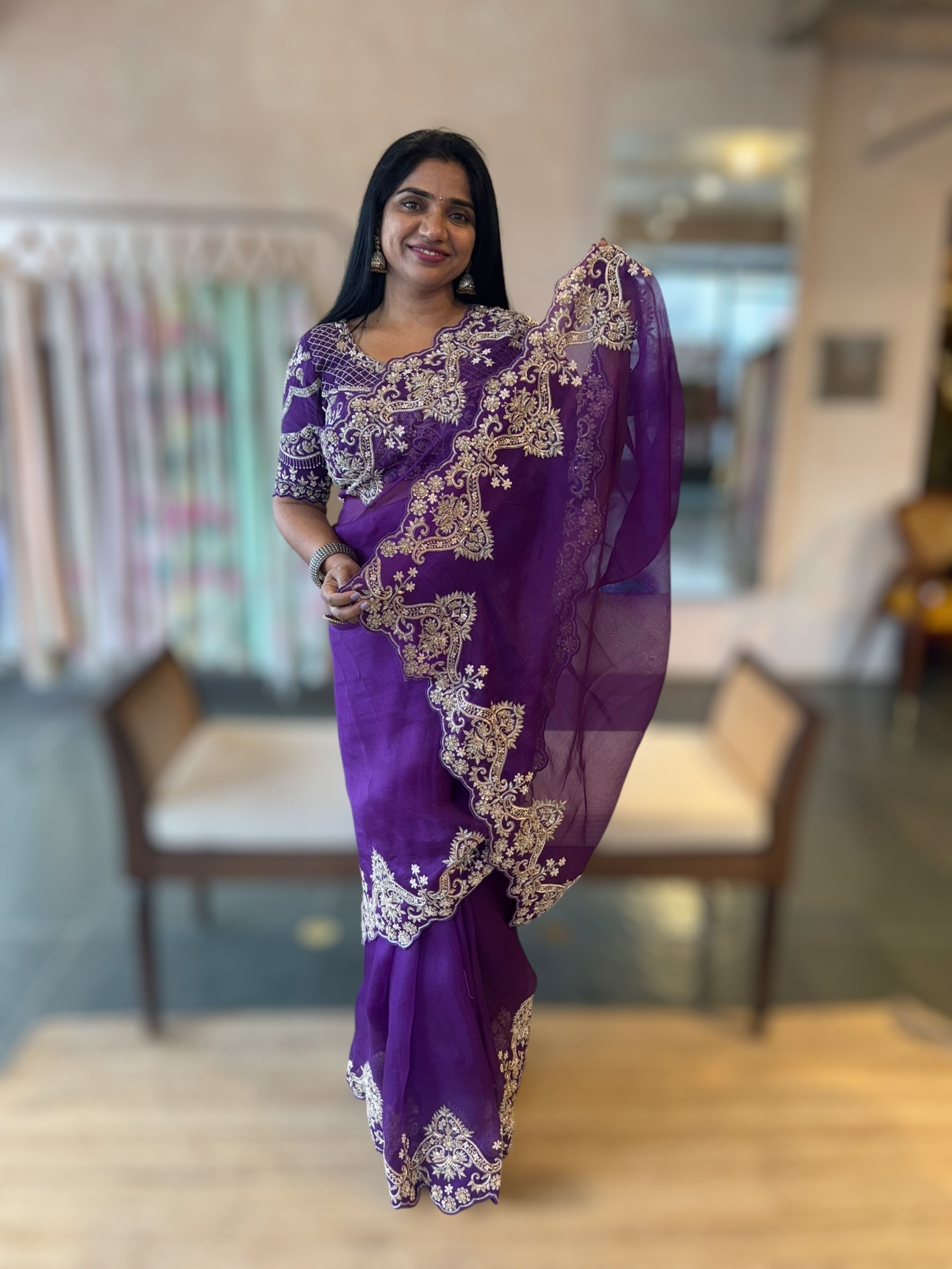 Purple Organza Heavy Handwork Saree