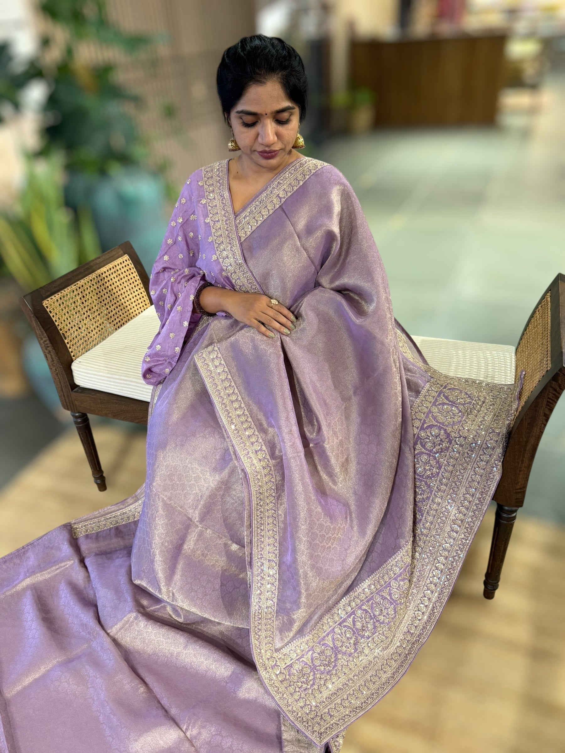 Lilac Banarasi Brocade Kora Tissue Saree With Sabyasachi Borders and Blouse